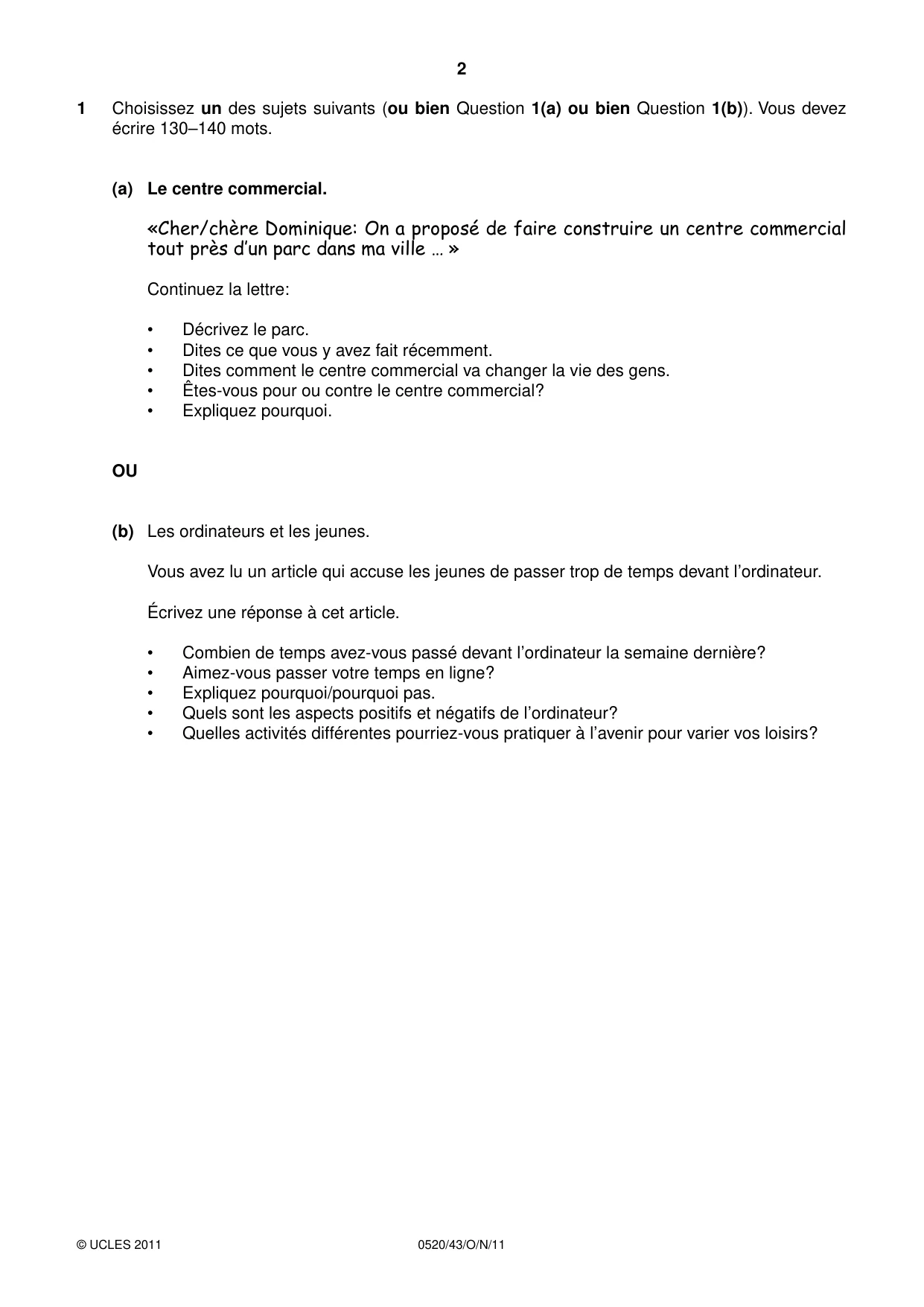 Cambridge IGCSE French - Foreign Language 0520 2011 Oct/Nov Paper 4 · Variant 3 question paper, page 2 of 4