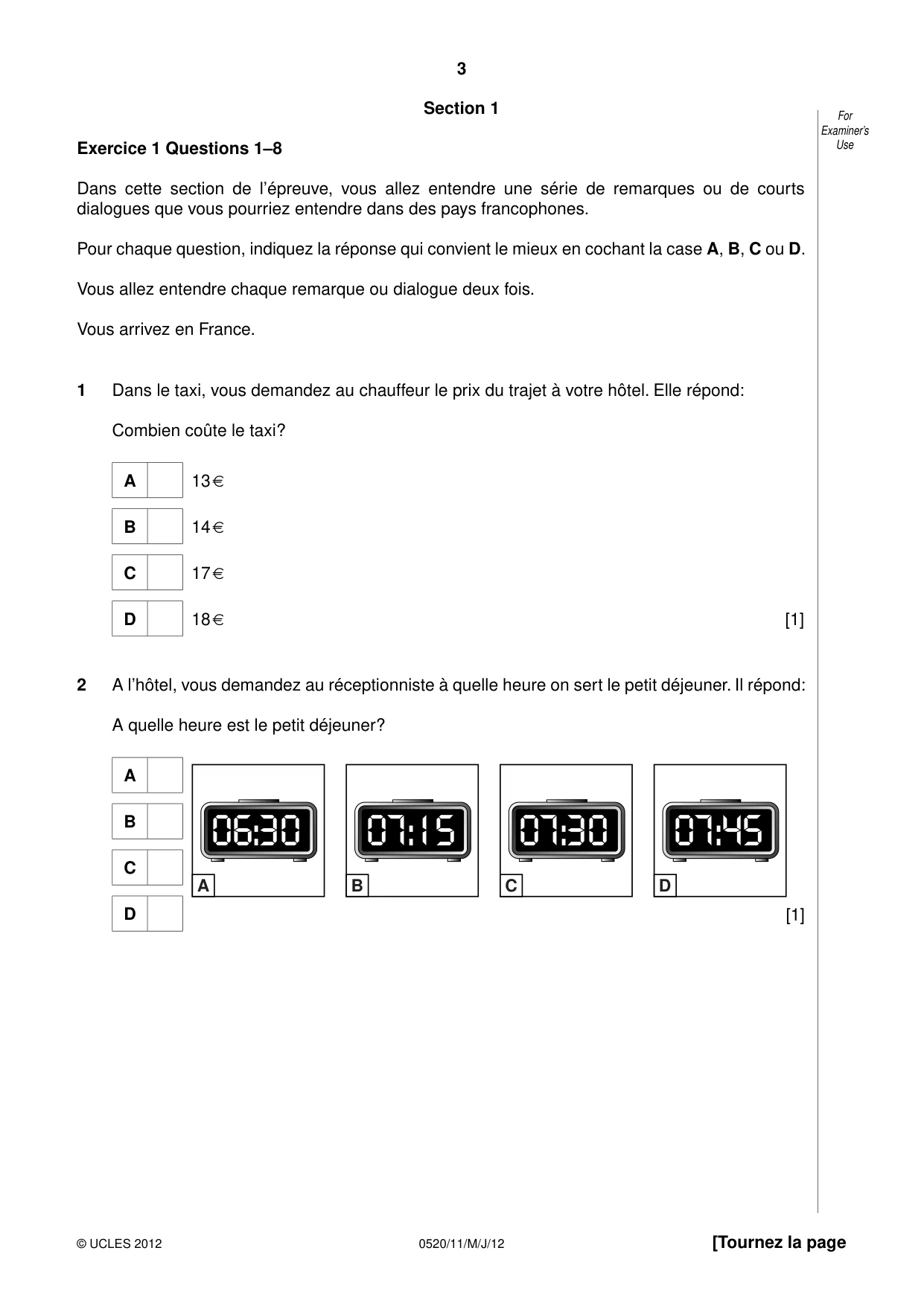 Cambridge IGCSE French - Foreign Language 0520 2012 May/June Paper 1 · Variant 1 question paper, page 3 of 12