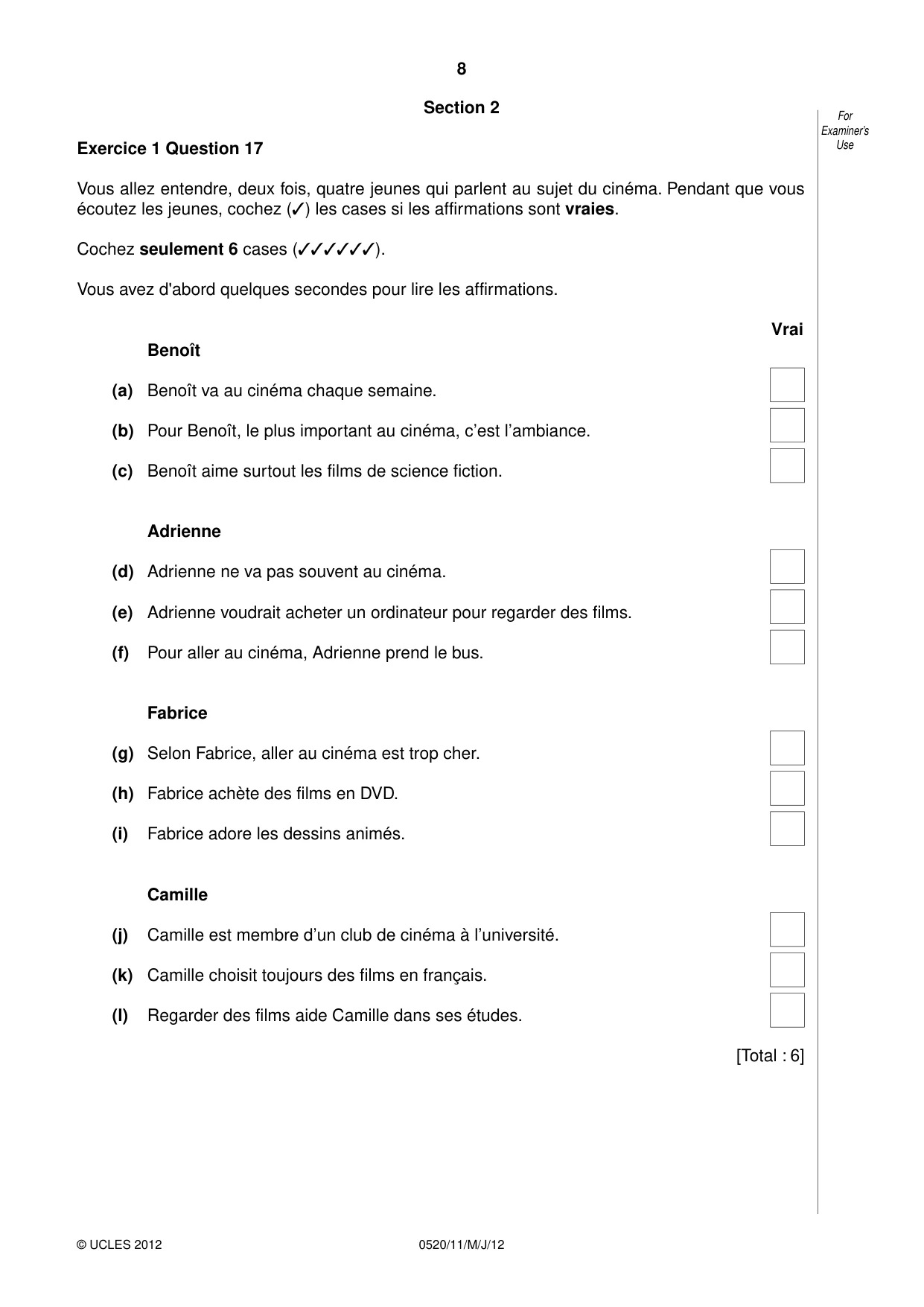 Cambridge IGCSE French - Foreign Language 0520 2012 May/June Paper 1 · Variant 1 question paper, page 8 of 12