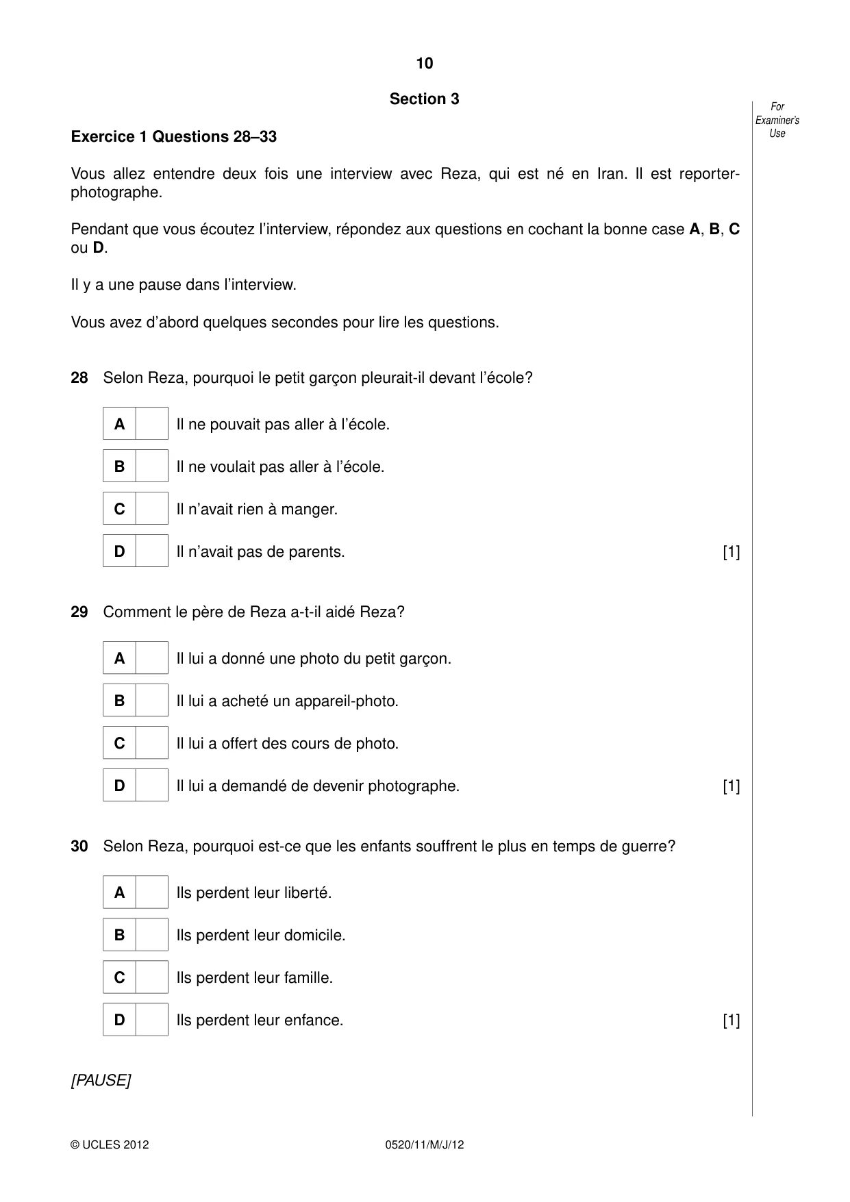 Cambridge IGCSE French - Foreign Language 0520 2012 May/June Paper 1 · Variant 1 question paper, page 10 of 12
