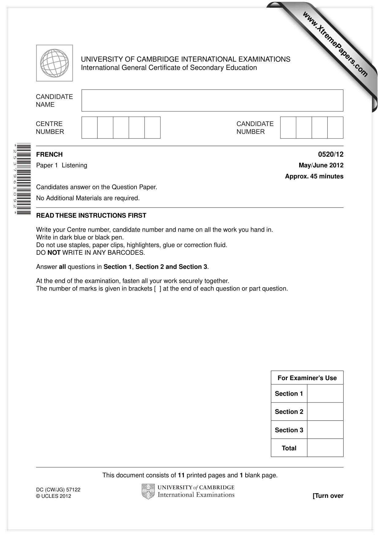 Cambridge IGCSE French - Foreign Language 0520 2012 May/June Paper 1 · Variant 2 question paper, page 1 of 12