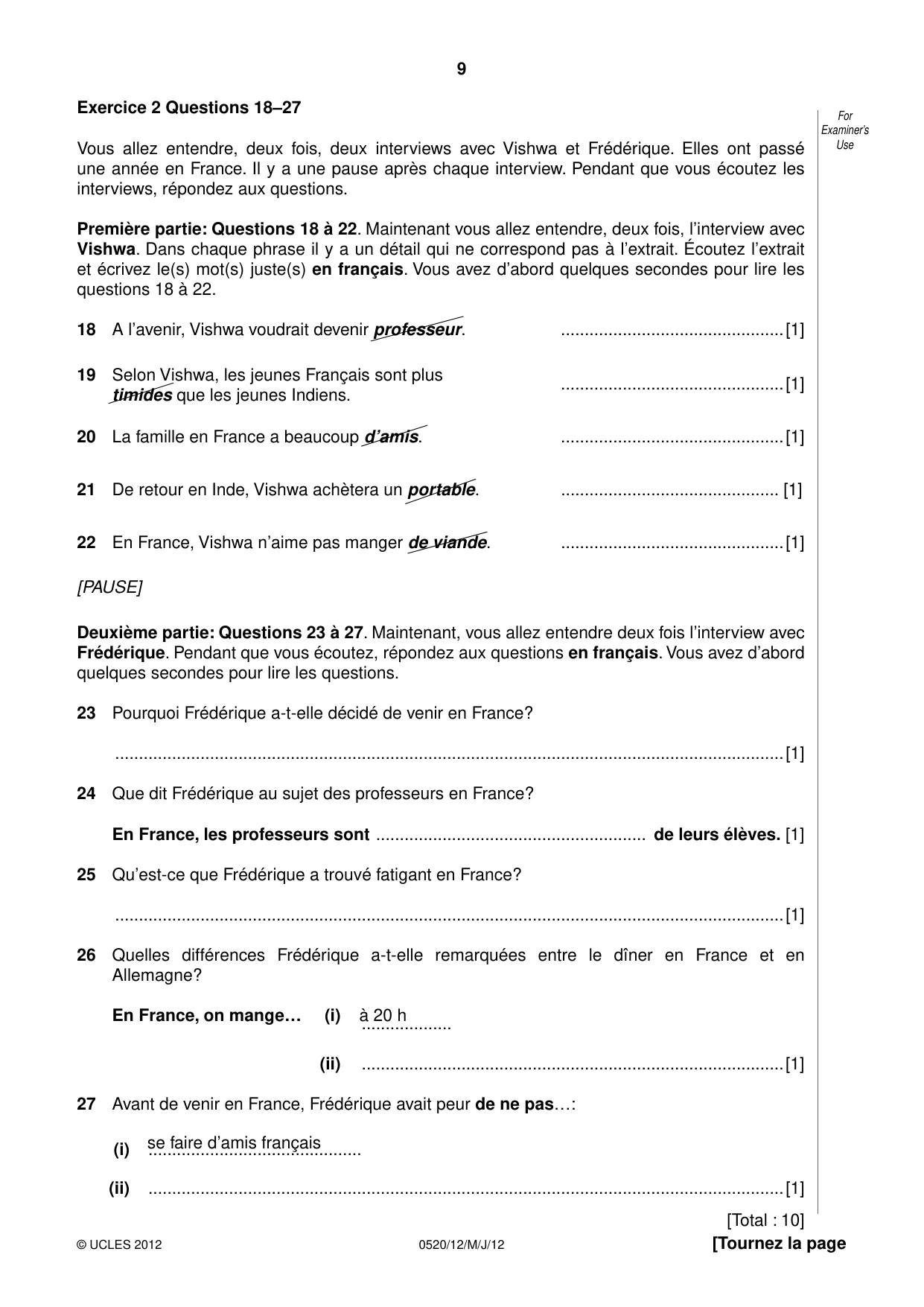 Cambridge IGCSE French - Foreign Language 0520 2012 May/June Paper 1 · Variant 2 question paper, page 9 of 12