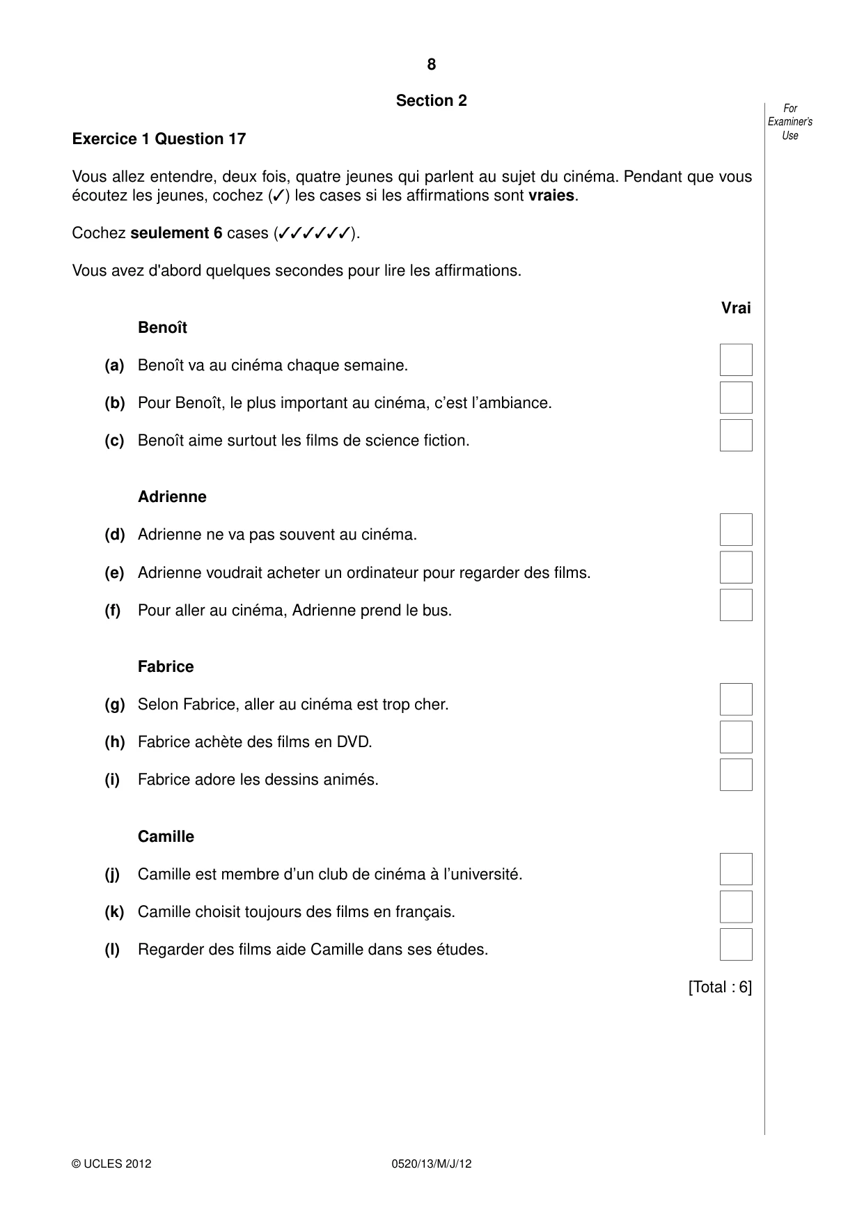 Cambridge IGCSE French - Foreign Language 0520 2012 May/June Paper 1 · Variant 3 question paper, page 8 of 12