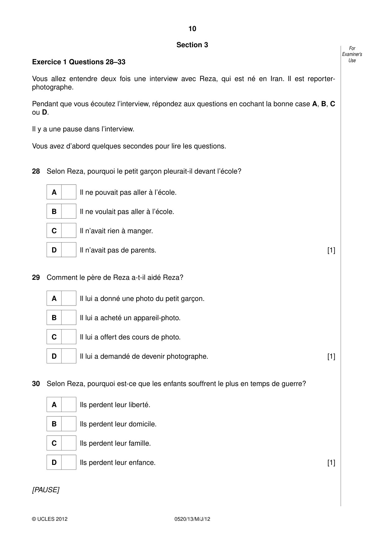 Cambridge IGCSE French - Foreign Language 0520 2012 May/June Paper 1 · Variant 3 question paper, page 10 of 12