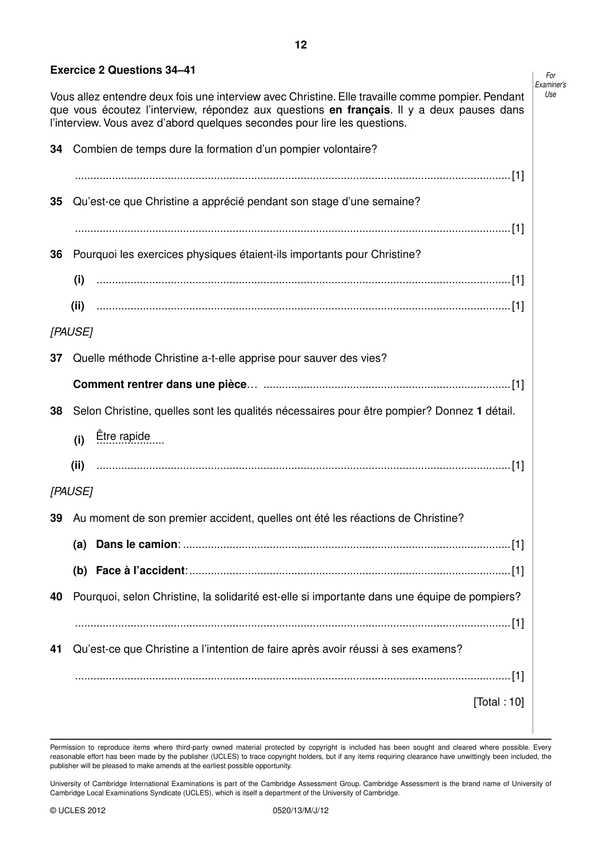 Cambridge IGCSE French - Foreign Language 0520 2012 May/June Paper 1 · Variant 3 question paper, page 12 of 12