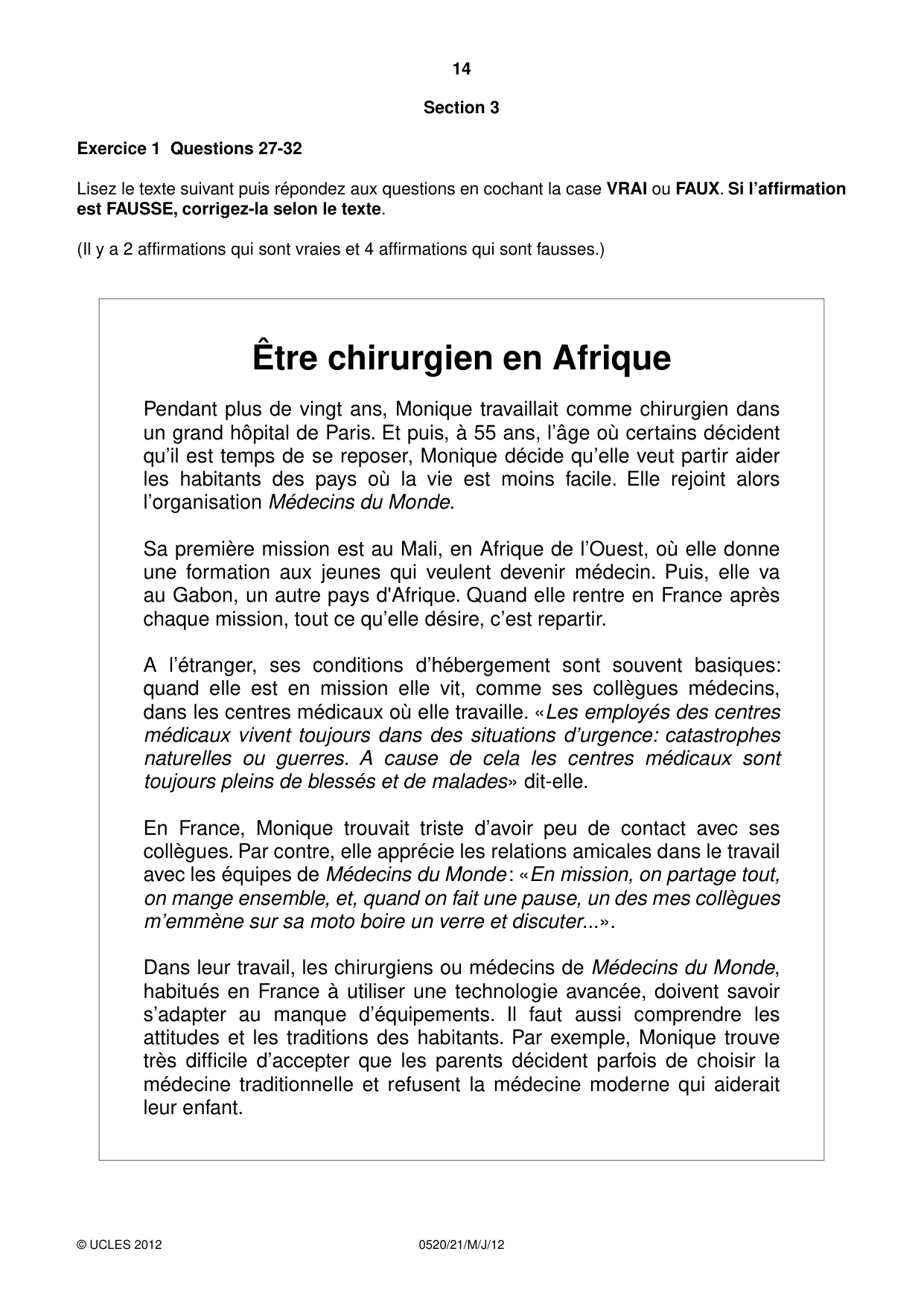 Cambridge IGCSE French - Foreign Language 0520 2012 May/June Paper 2 · Variant 1 question paper, page 14 of 20