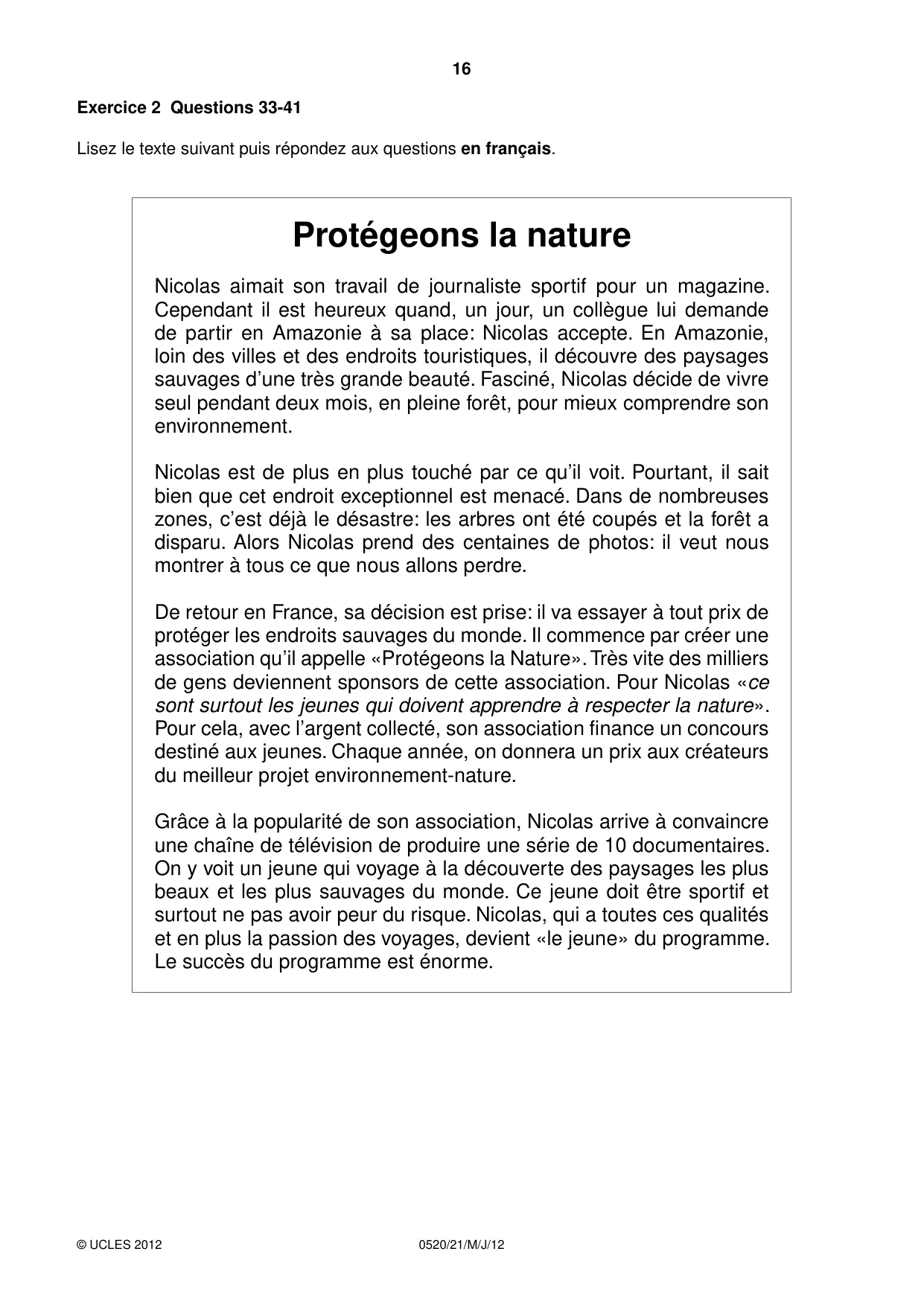 Cambridge IGCSE French - Foreign Language 0520 2012 May/June Paper 2 · Variant 1 question paper, page 16 of 20