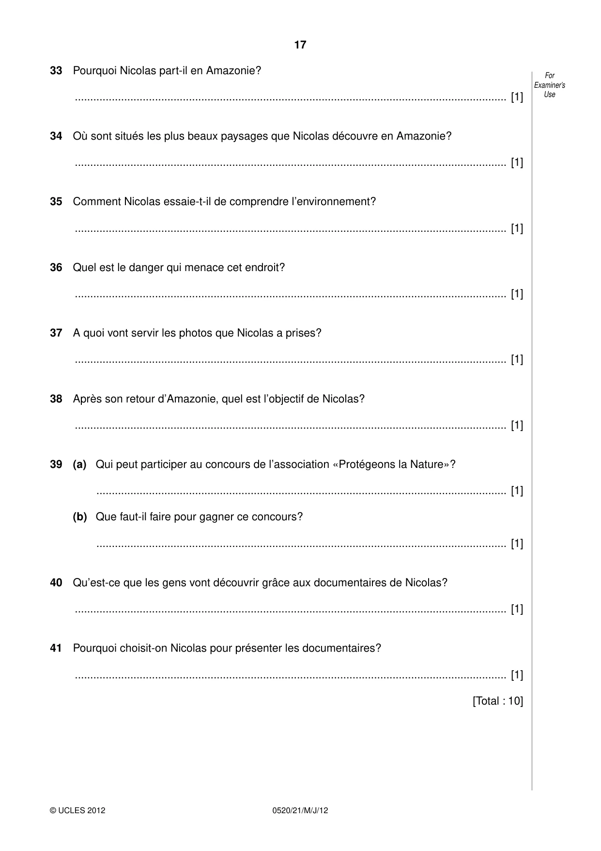 Cambridge IGCSE French - Foreign Language 0520 2012 May/June Paper 2 · Variant 1 question paper, page 17 of 20