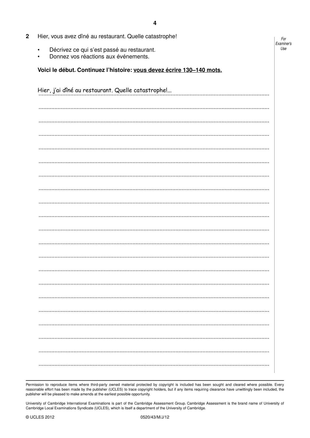 Cambridge IGCSE French - Foreign Language 0520 2012 May/June Paper 4 · Variant 3 question paper, page 4 of 4
