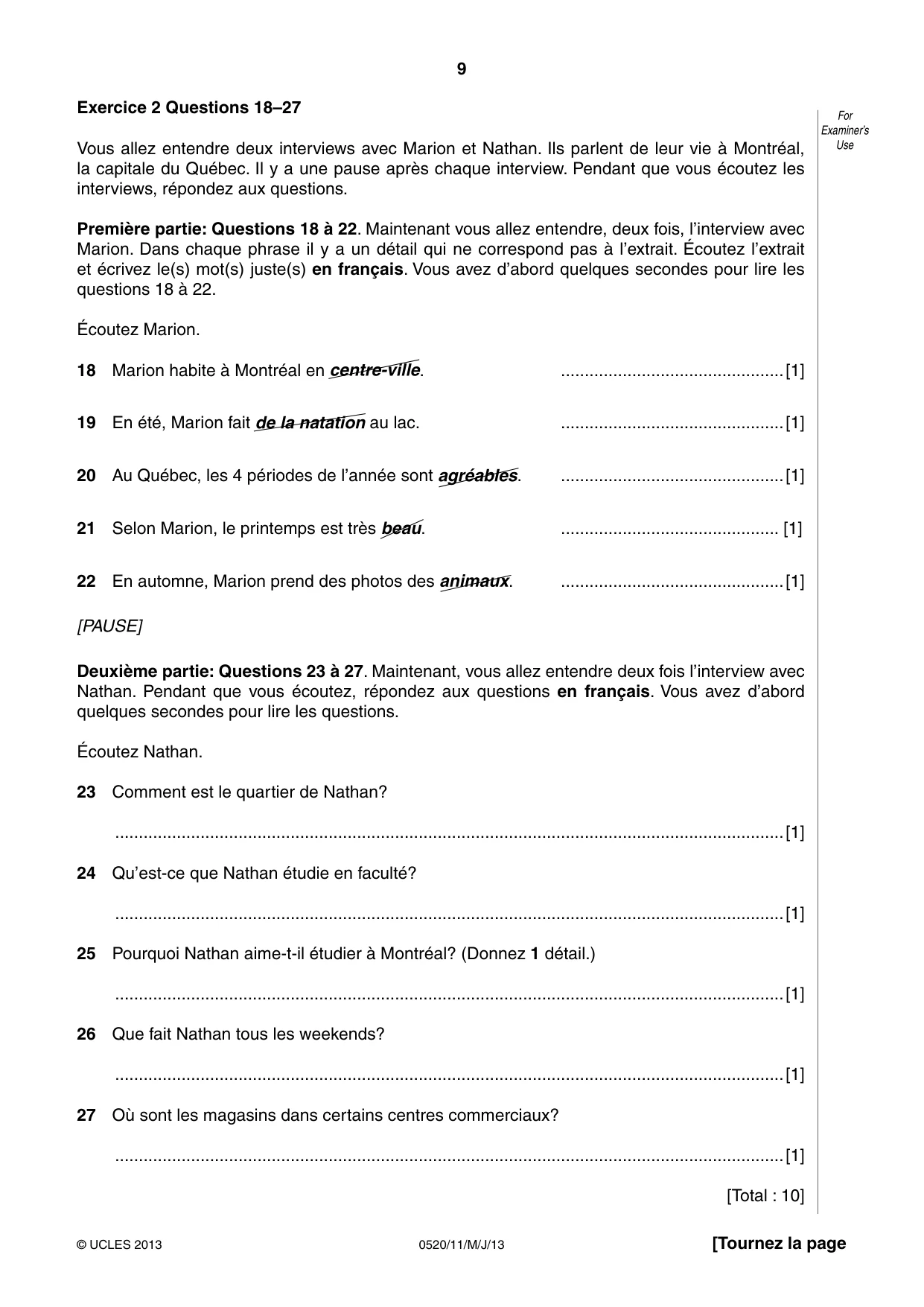 Cambridge IGCSE French - Foreign Language 0520 2013 May/June Paper 1 · Variant 1 question paper, page 9 of 12