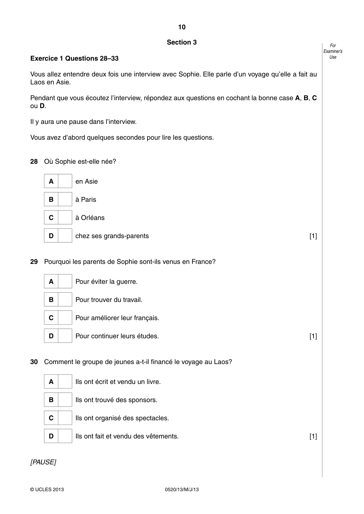 Cambridge IGCSE French - Foreign Language 0520 2013 May/June Paper 1 · Variant 3 question paper, page 10 of 12