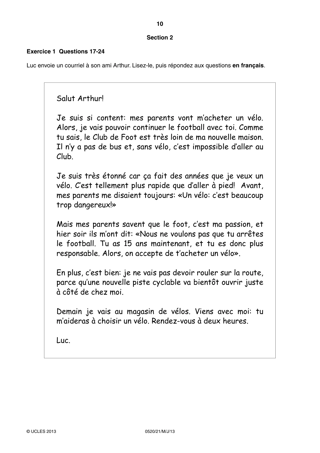 Cambridge IGCSE French - Foreign Language 0520 2013 May/June Paper 2 · Variant 1 question paper, page 10 of 20