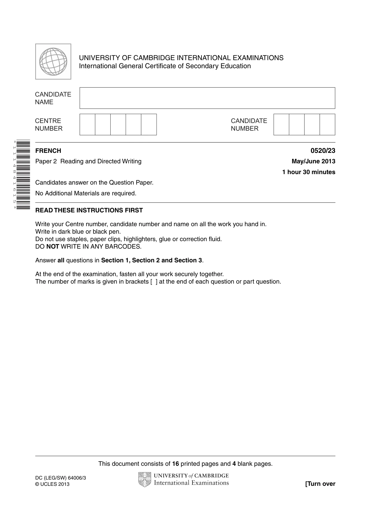 Cambridge IGCSE French - Foreign Language 0520 2013 May/June Paper 2 · Variant 3 question paper, page 1 of 20