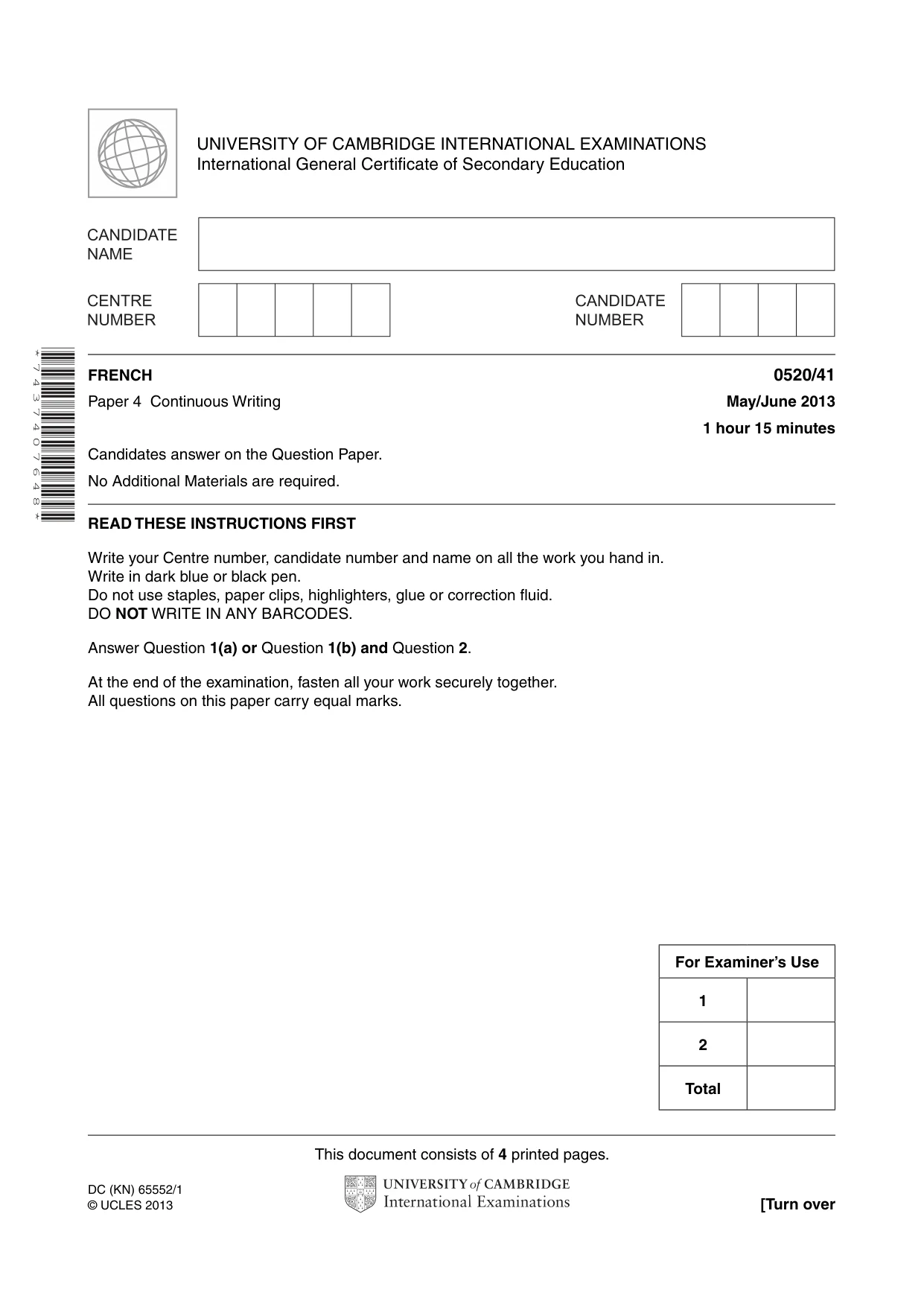 Cambridge IGCSE French - Foreign Language 0520 2013 May/June Paper 4 · Variant 1 question paper, page 1 of 4