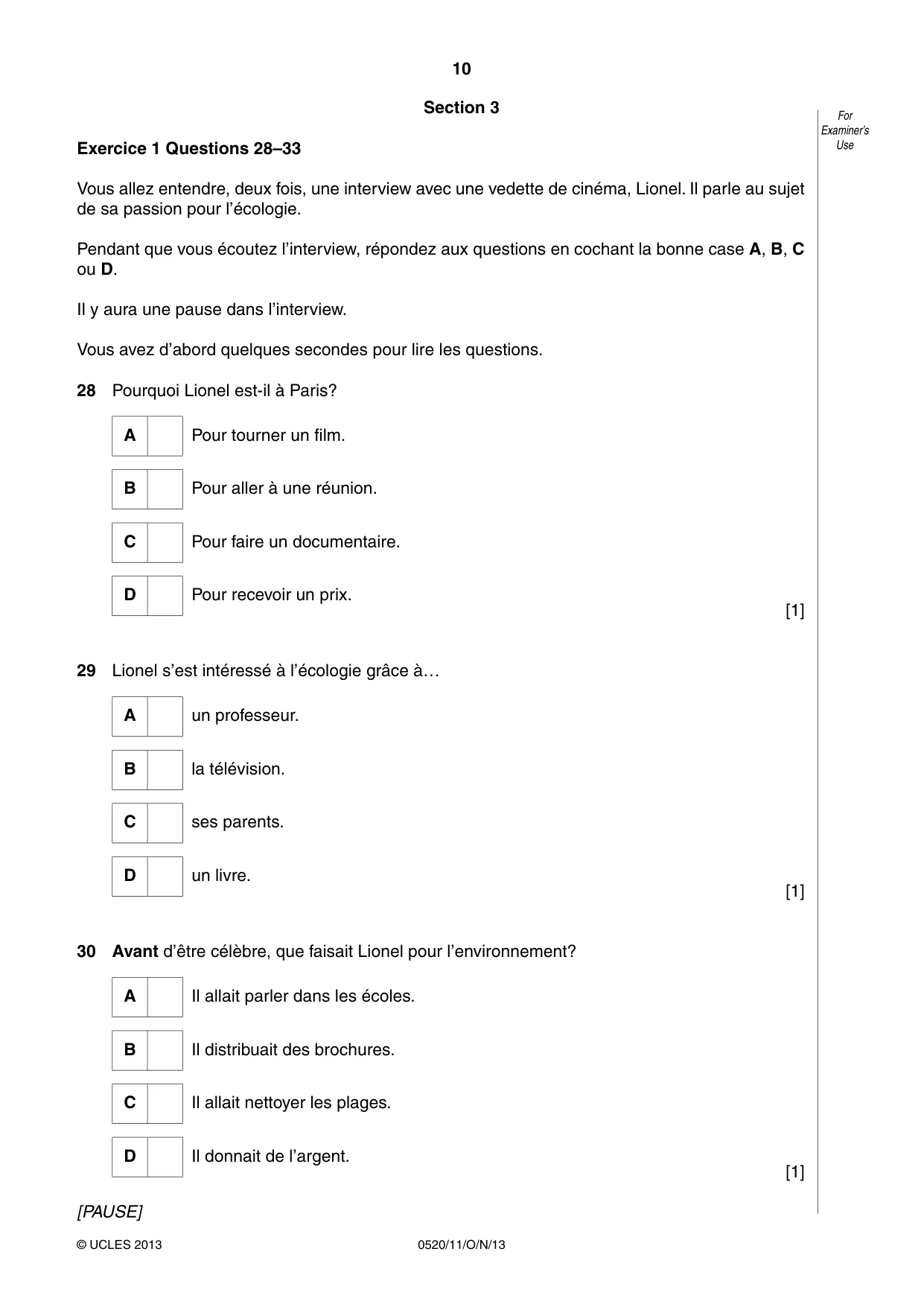 Cambridge IGCSE French - Foreign Language 0520 2013 Oct/Nov Paper 1 · Variant 1 question paper, page 10 of 12