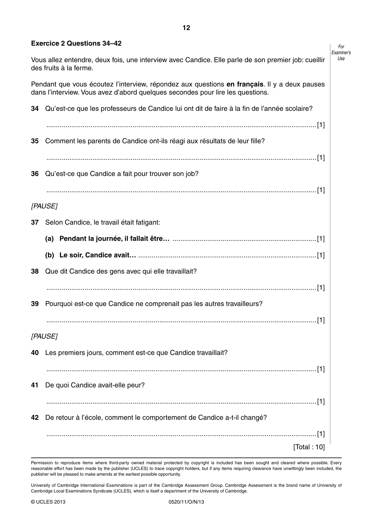 Cambridge IGCSE French - Foreign Language 0520 2013 Oct/Nov Paper 1 · Variant 1 question paper, page 12 of 12