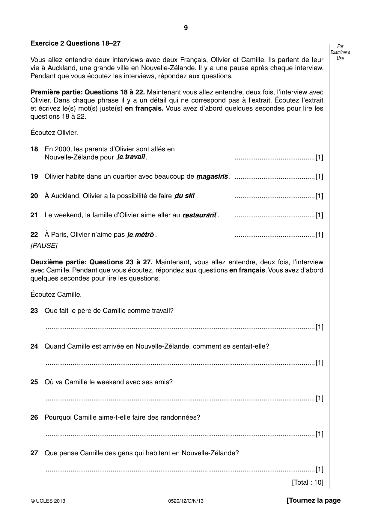Cambridge IGCSE French - Foreign Language 0520 2013 Oct/Nov Paper 1 · Variant 2 question paper, page 9 of 12