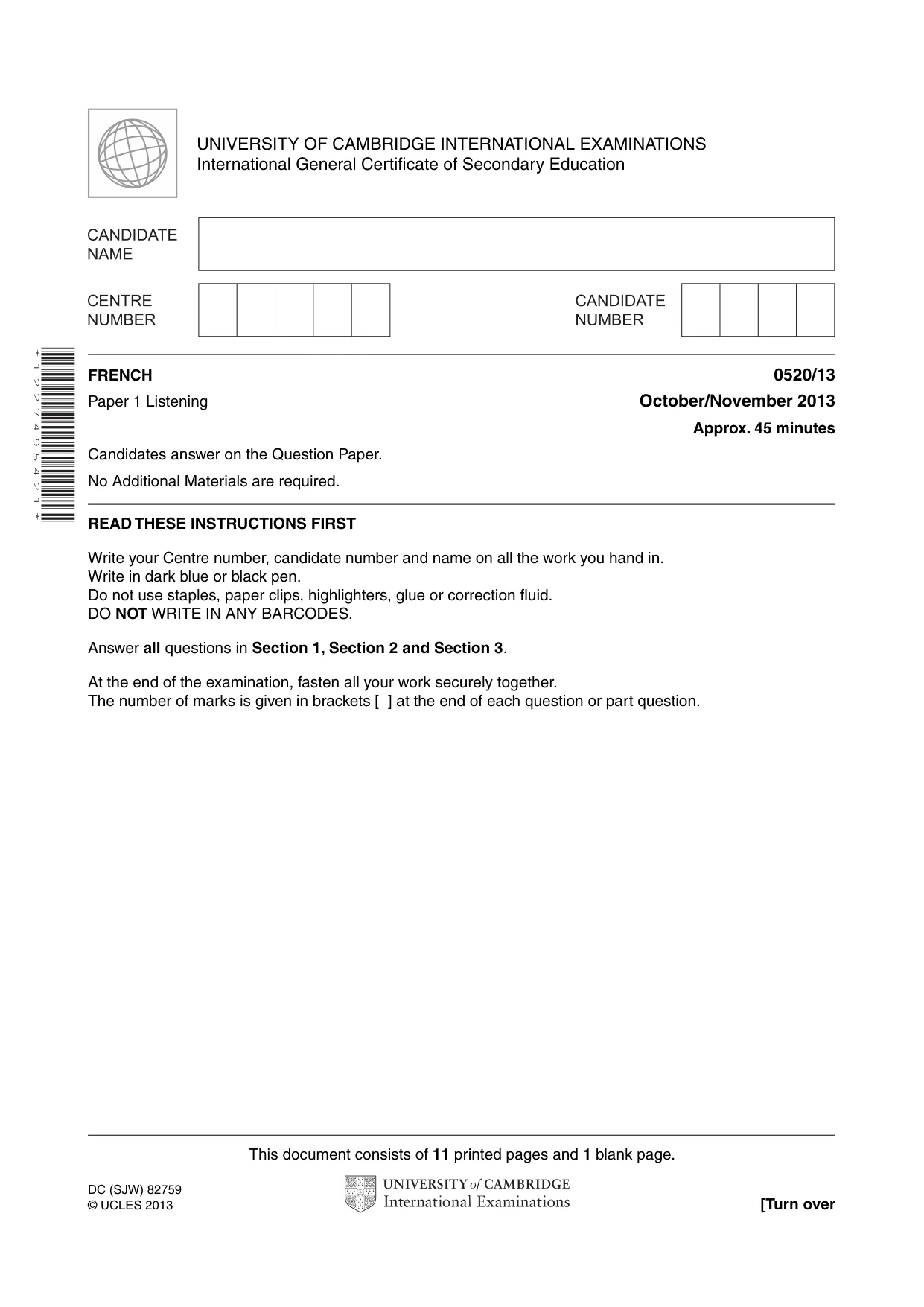 Cambridge IGCSE French - Foreign Language 0520 2013 Oct/Nov Paper 1 · Variant 3 question paper, page 1 of 12