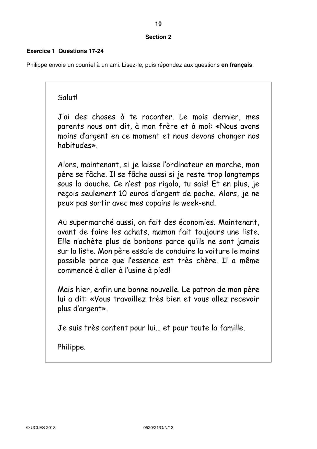 Cambridge IGCSE French - Foreign Language 0520 2013 Oct/Nov Paper 2 · Variant 1 question paper, page 10 of 20