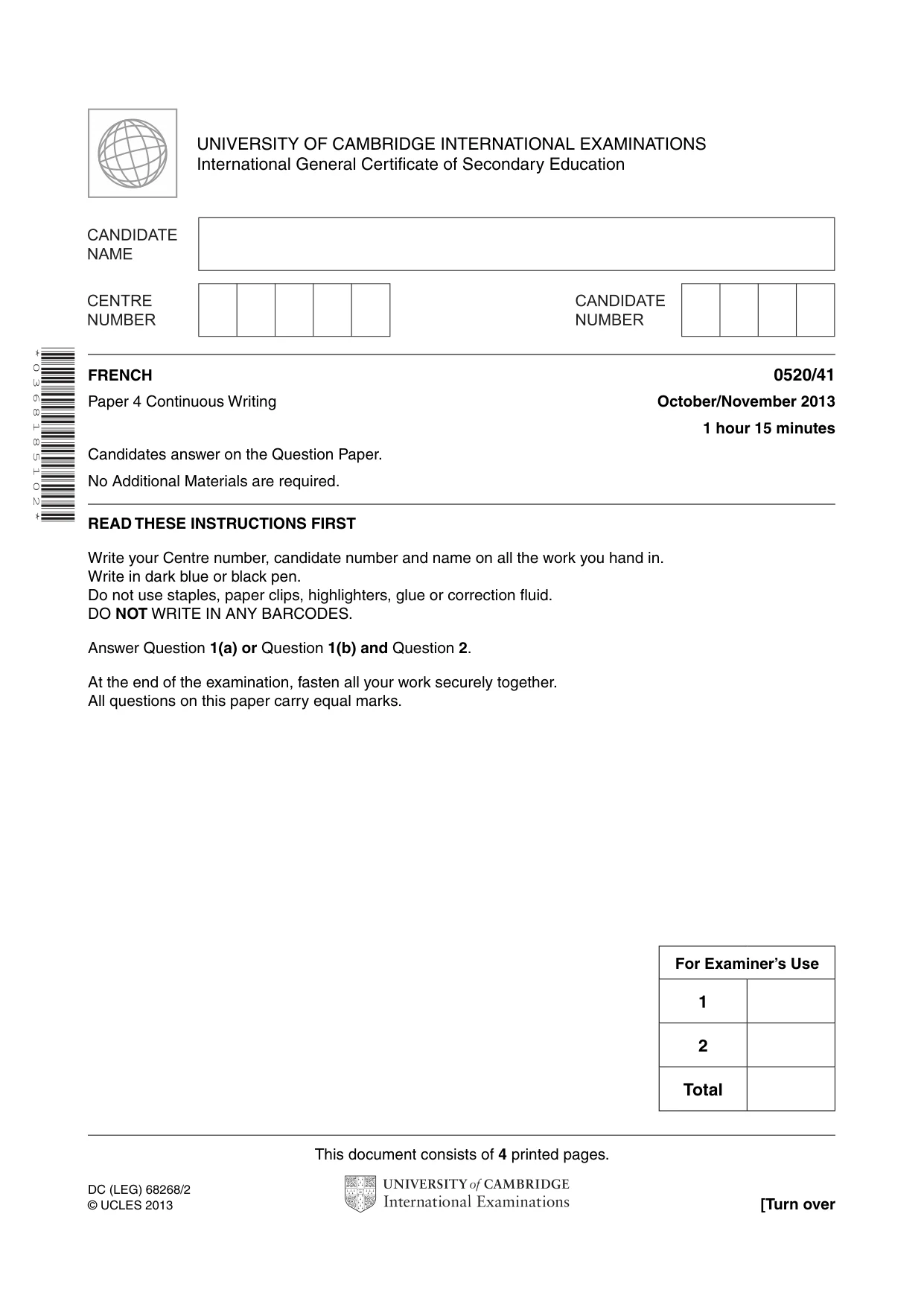 Cambridge IGCSE French - Foreign Language 0520 2013 Oct/Nov Paper 4 · Variant 1 question paper, page 1 of 4