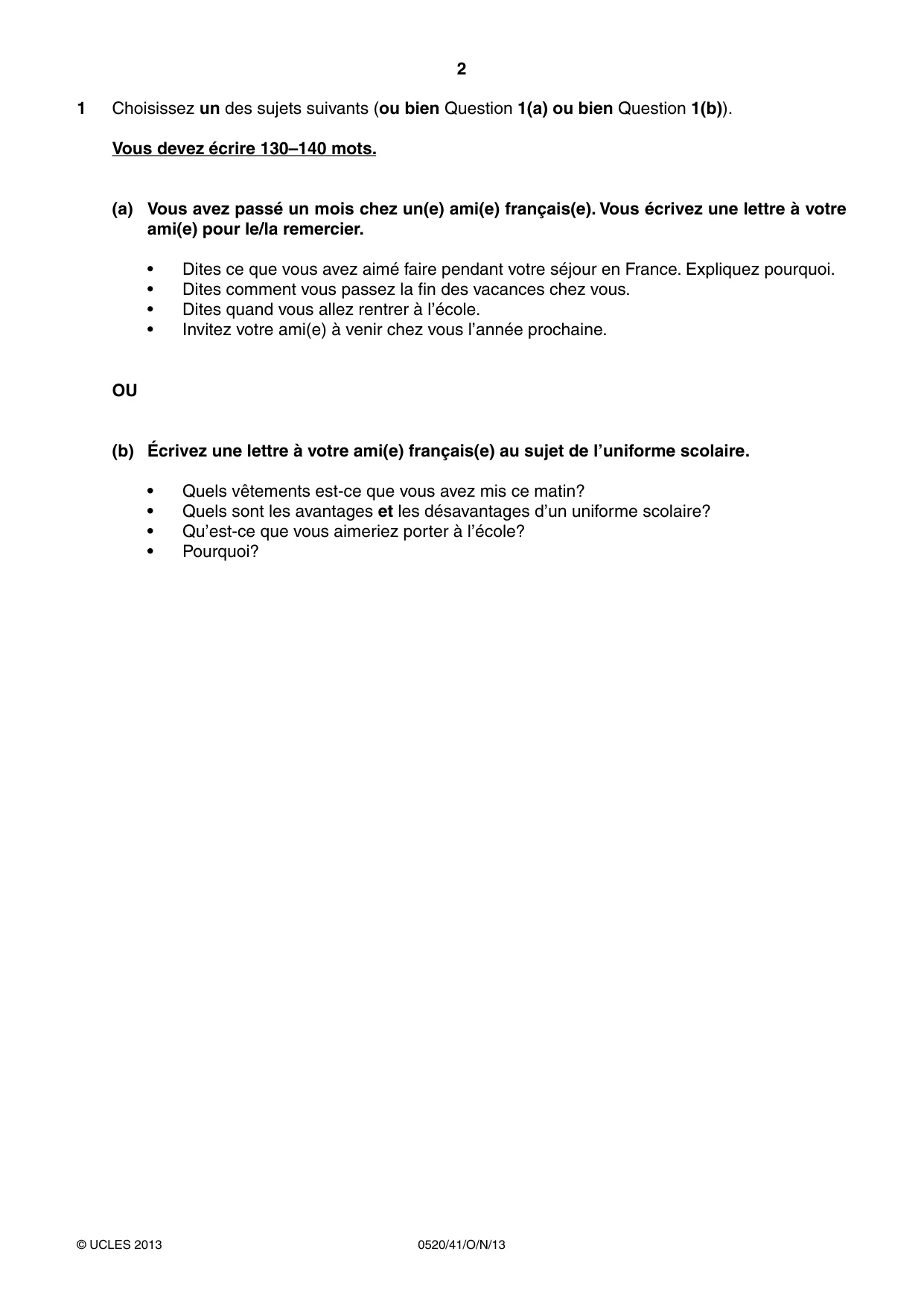 Cambridge IGCSE French - Foreign Language 0520 2013 Oct/Nov Paper 4 · Variant 1 question paper, page 2 of 4