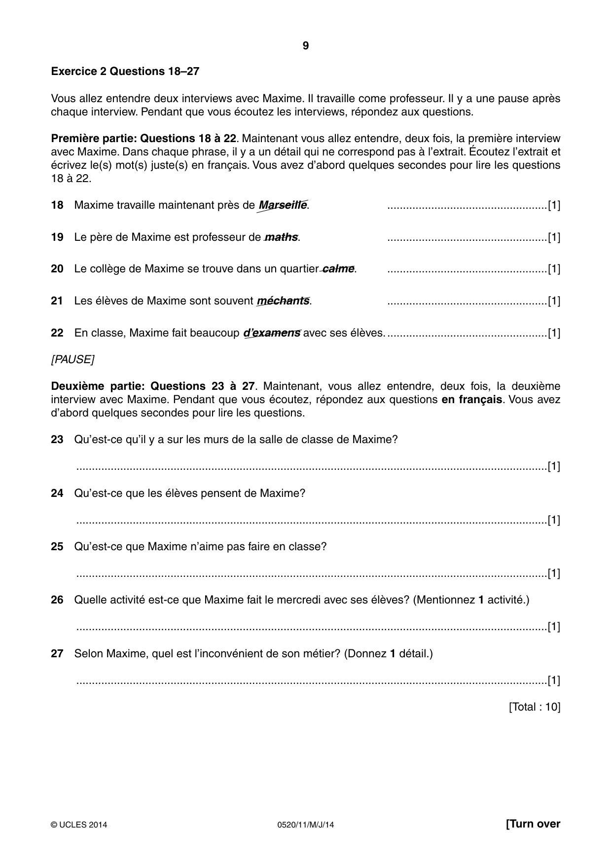 Cambridge IGCSE French - Foreign Language 0520 2014 May/June Paper 1 · Variant 1 question paper, page 9 of 12