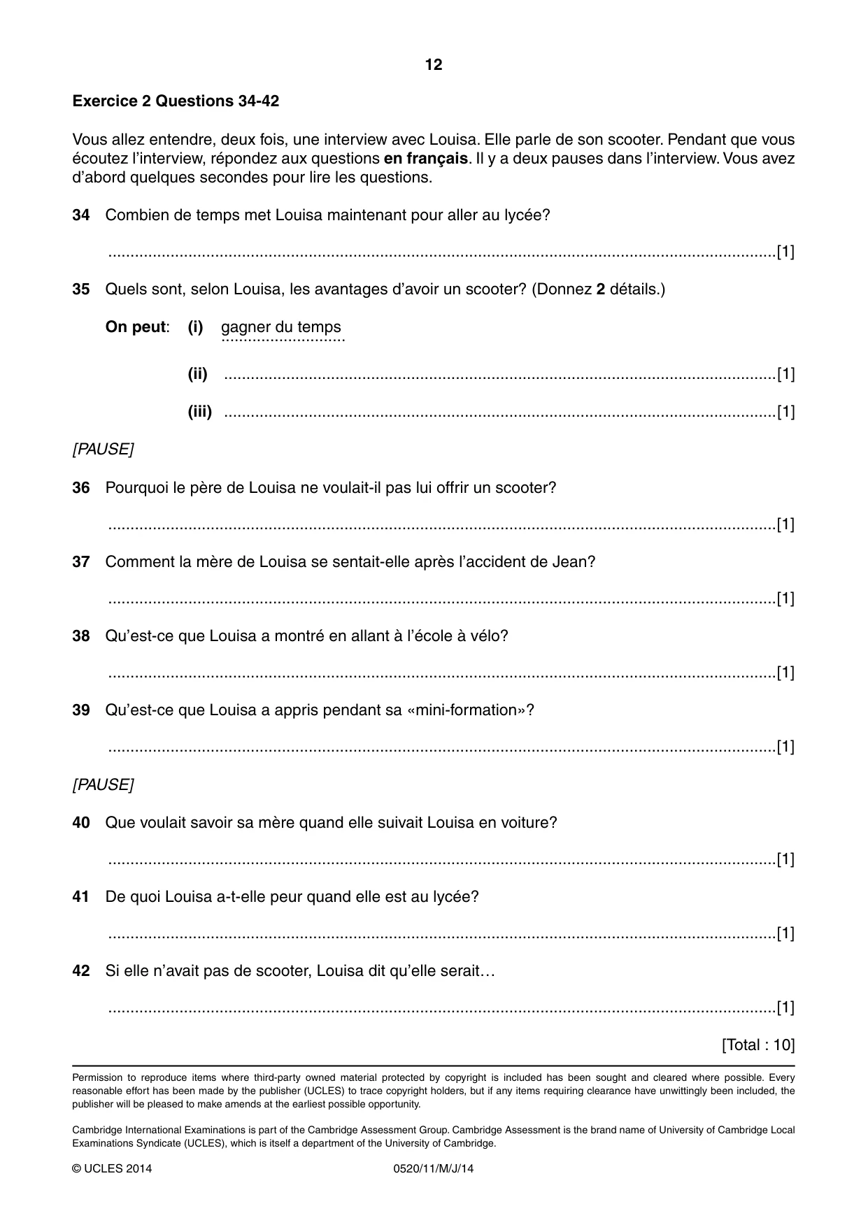 Cambridge IGCSE French - Foreign Language 0520 2014 May/June Paper 1 · Variant 1 question paper, page 12 of 12