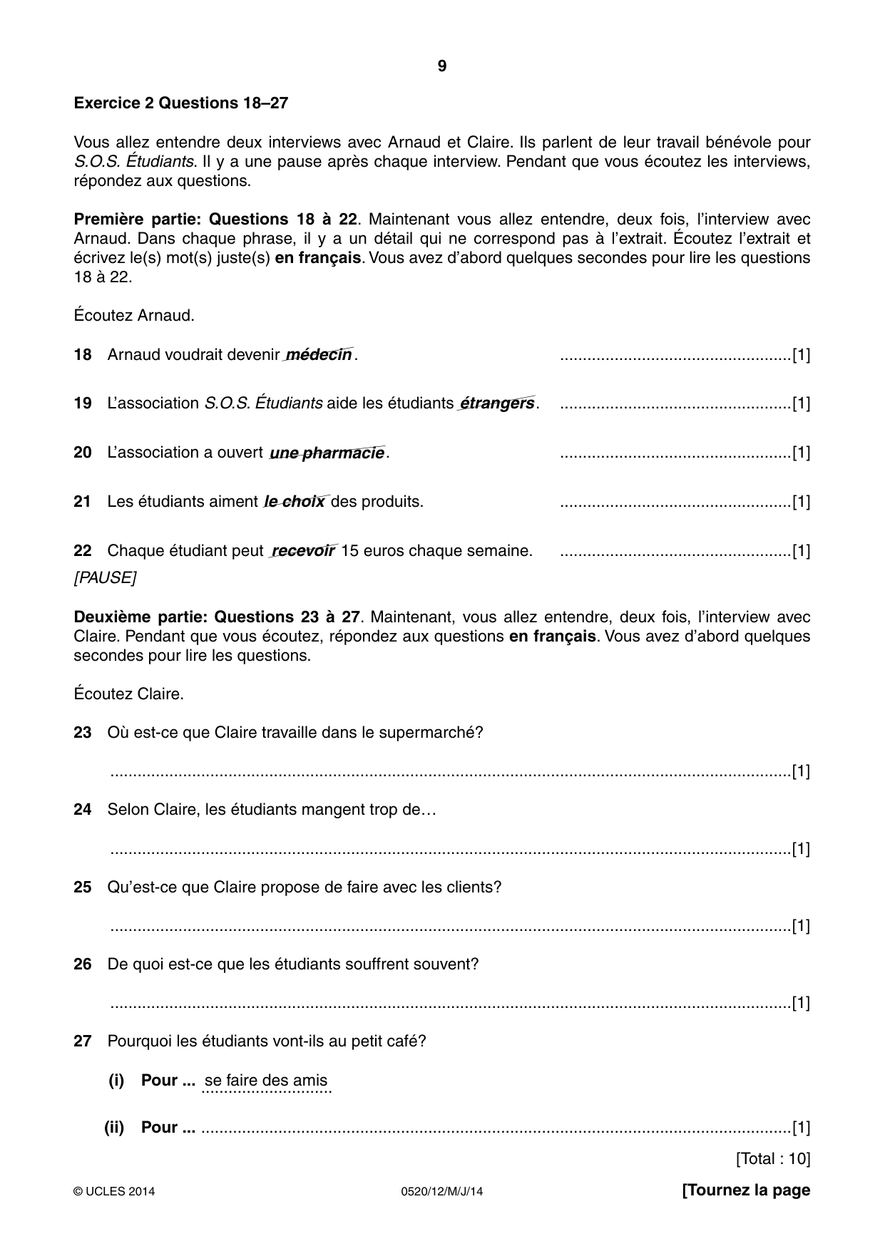 Cambridge IGCSE French - Foreign Language 0520 2014 May/June Paper 1 · Variant 2 question paper, page 9 of 12
