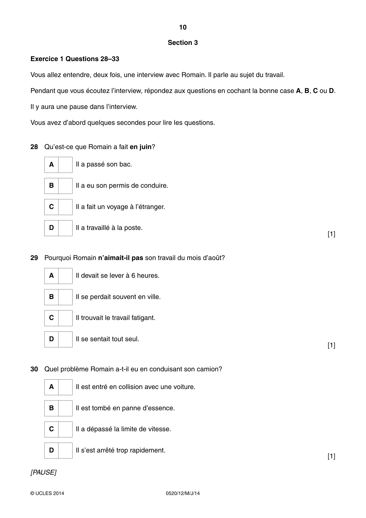 Cambridge IGCSE French - Foreign Language 0520 2014 May/June Paper 1 · Variant 2 question paper, page 10 of 12