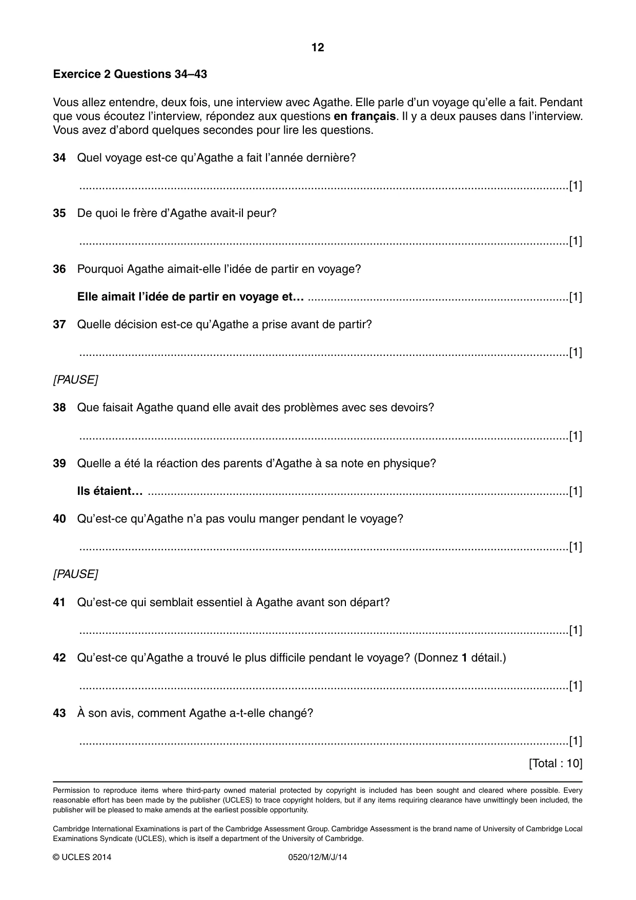 Cambridge IGCSE French - Foreign Language 0520 2014 May/June Paper 1 · Variant 2 question paper, page 12 of 12