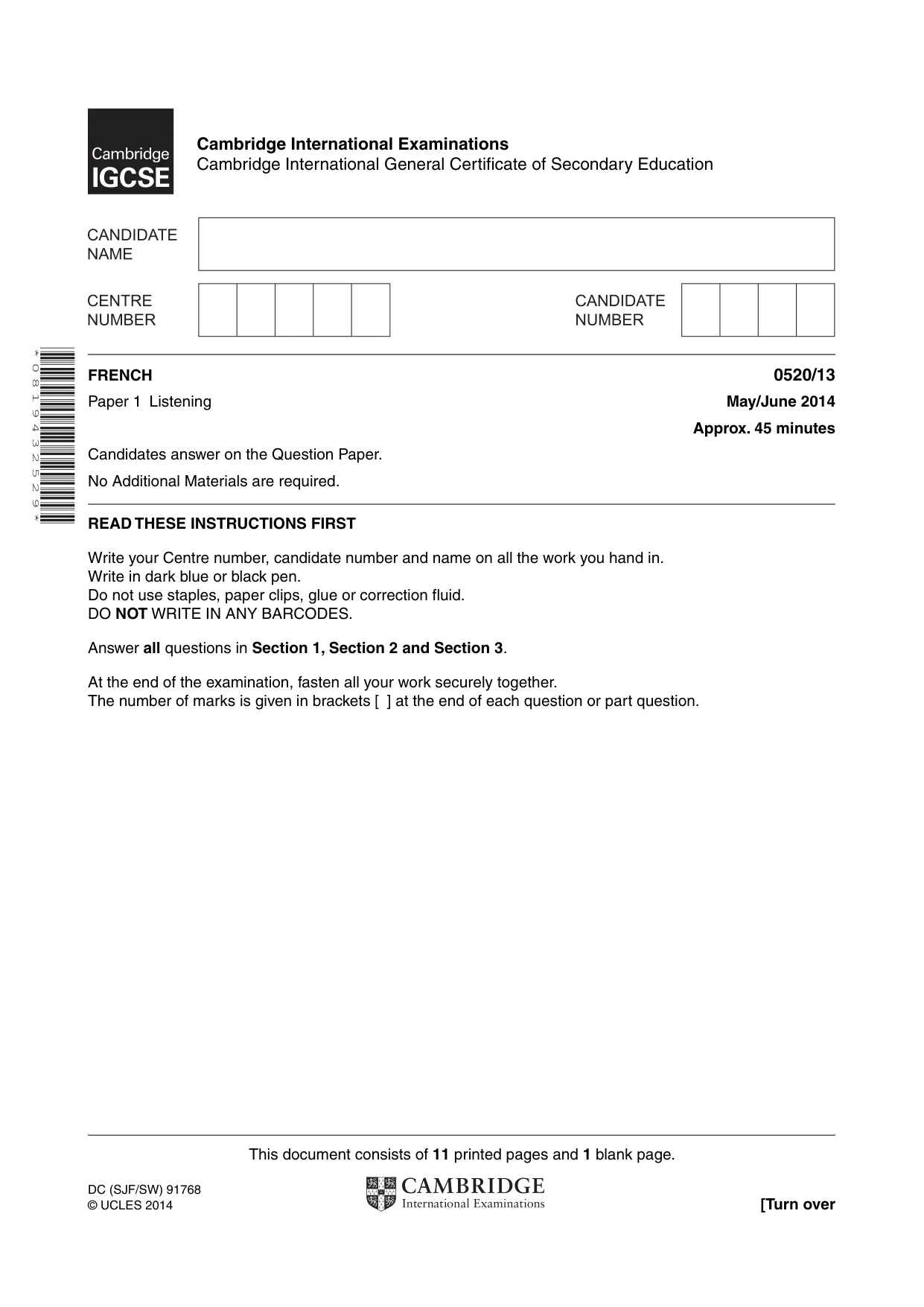 Cambridge IGCSE French - Foreign Language 0520 2014 May/June Paper 1 · Variant 3 question paper, page 1 of 12