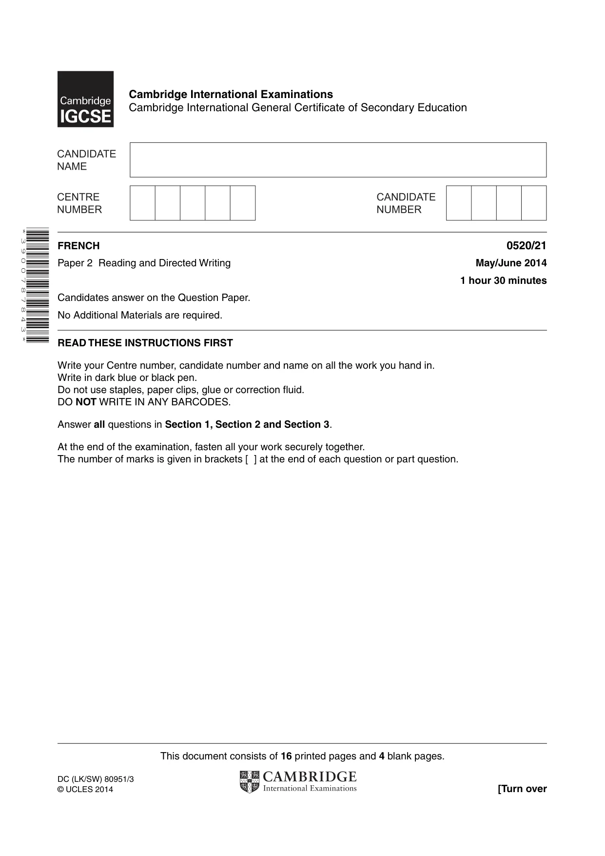 Cambridge IGCSE French - Foreign Language 0520 2014 May/June Paper 2 · Variant 1 question paper, page 1 of 20