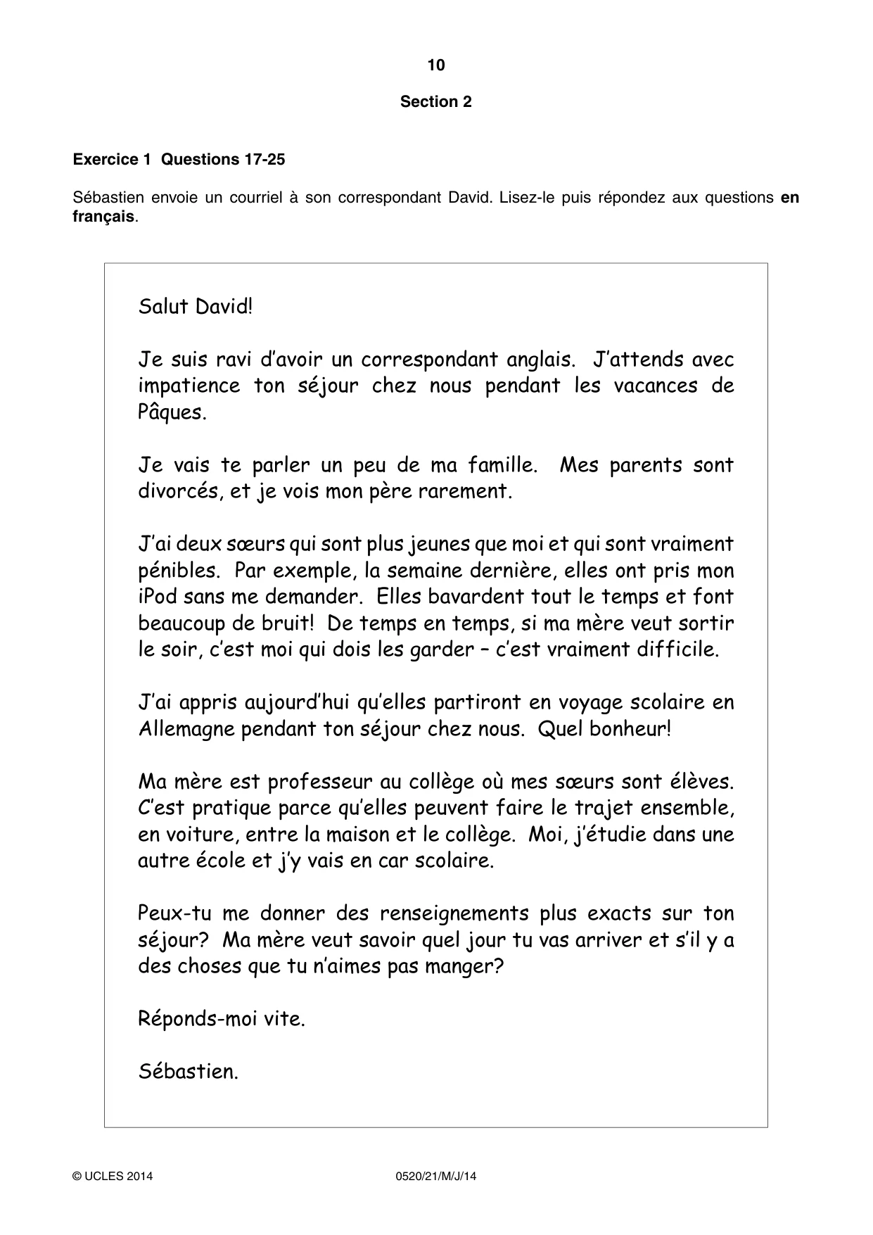 Cambridge IGCSE French - Foreign Language 0520 2014 May/June Paper 2 · Variant 1 question paper, page 10 of 20