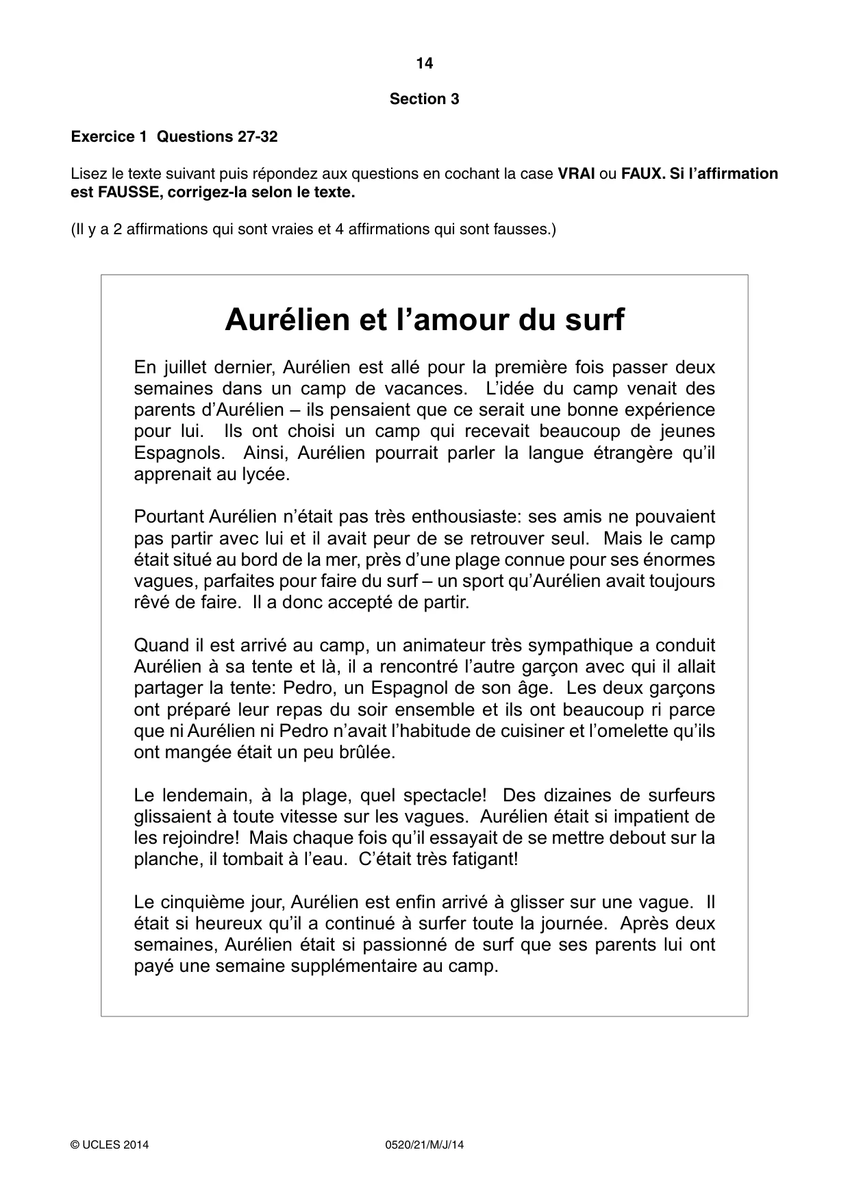 Cambridge IGCSE French - Foreign Language 0520 2014 May/June Paper 2 · Variant 1 question paper, page 14 of 20