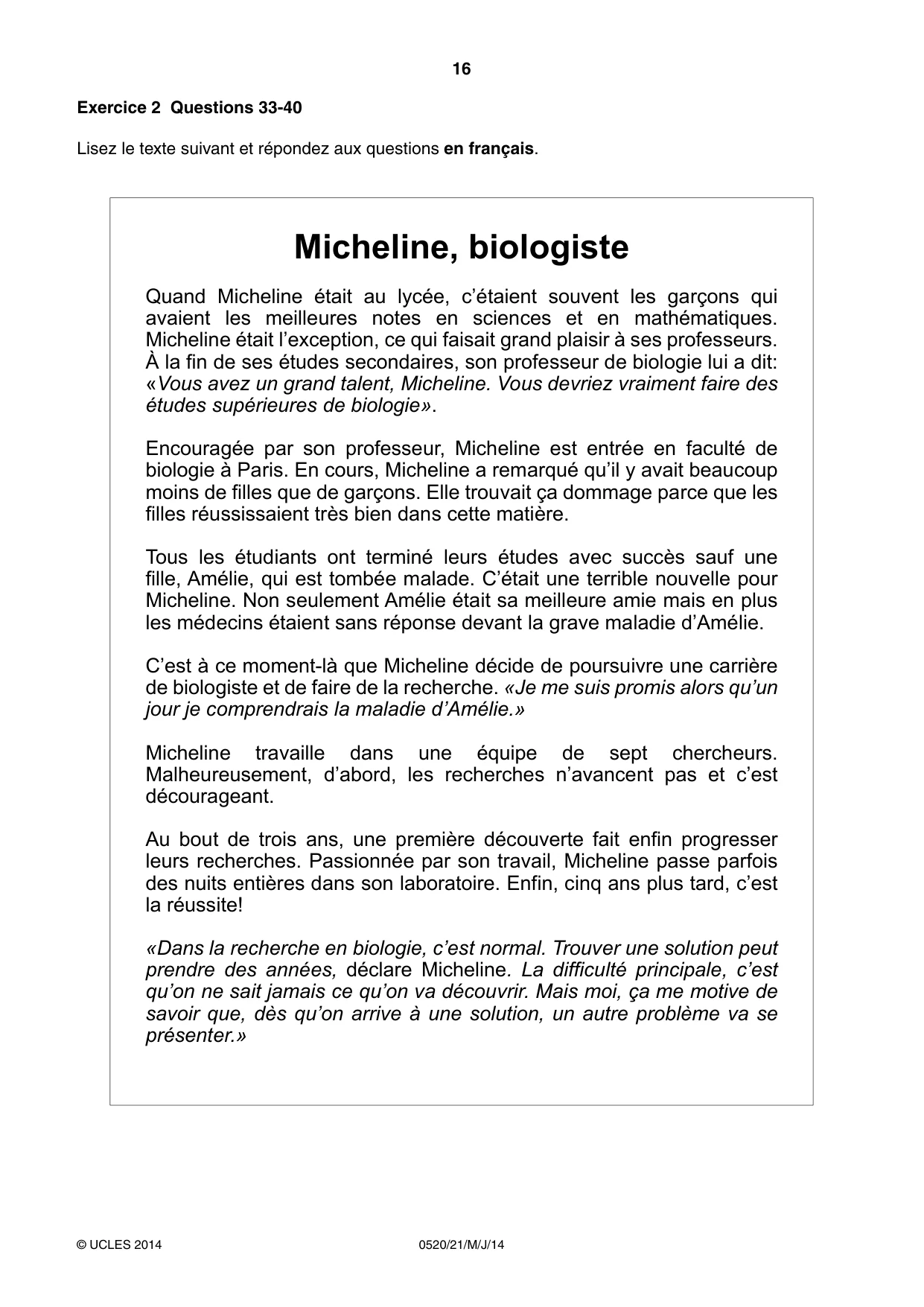 Cambridge IGCSE French - Foreign Language 0520 2014 May/June Paper 2 · Variant 1 question paper, page 16 of 20