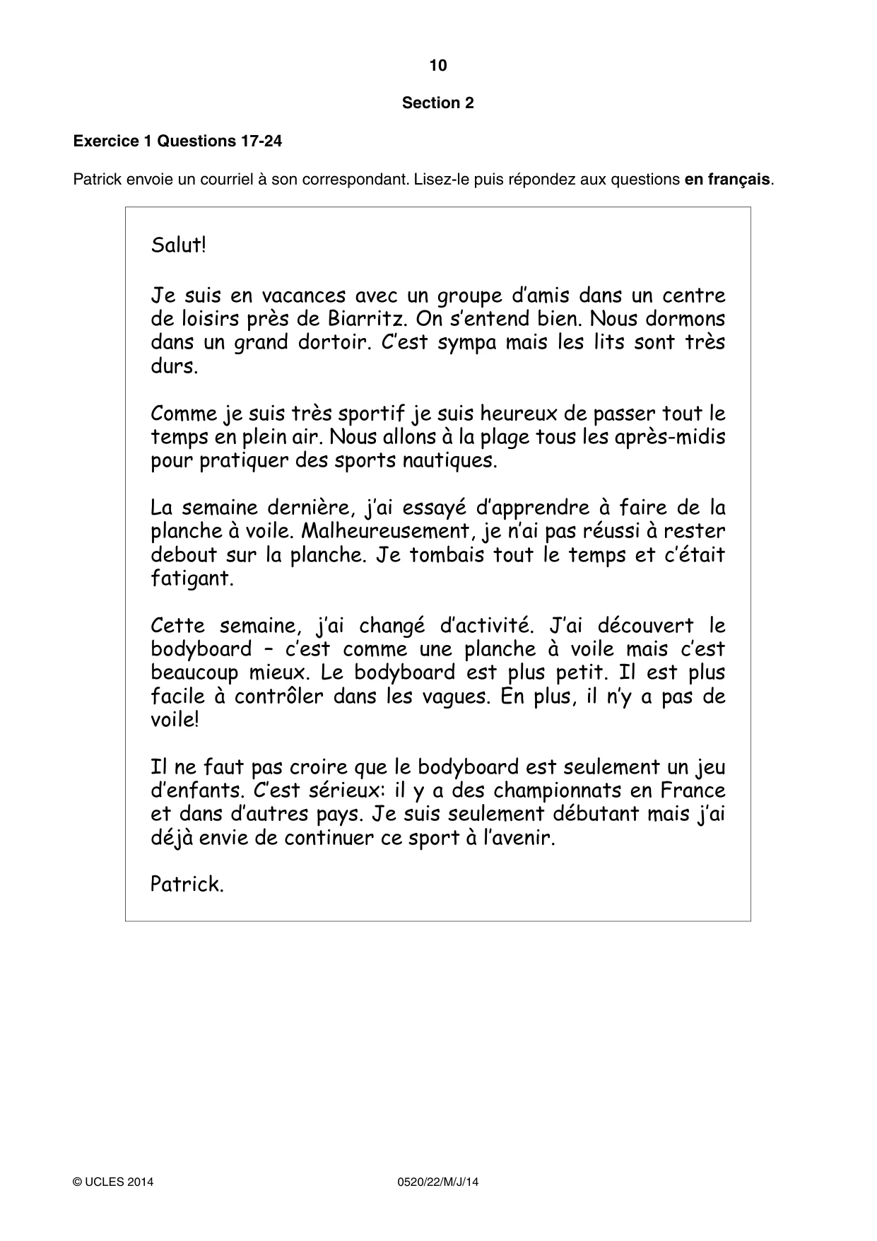 Cambridge IGCSE French - Foreign Language 0520 2014 May/June Paper 2 · Variant 2 question paper, page 10 of 20