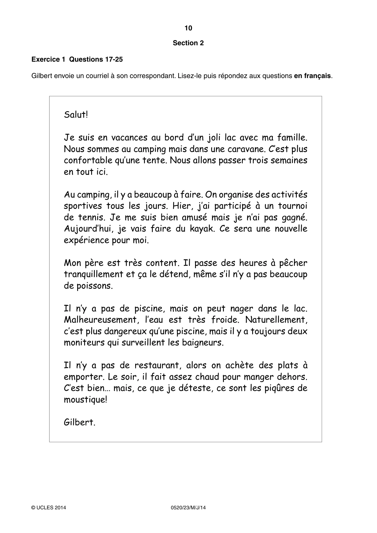 Cambridge IGCSE French - Foreign Language 0520 2014 May/June Paper 2 · Variant 3 question paper, page 10 of 20