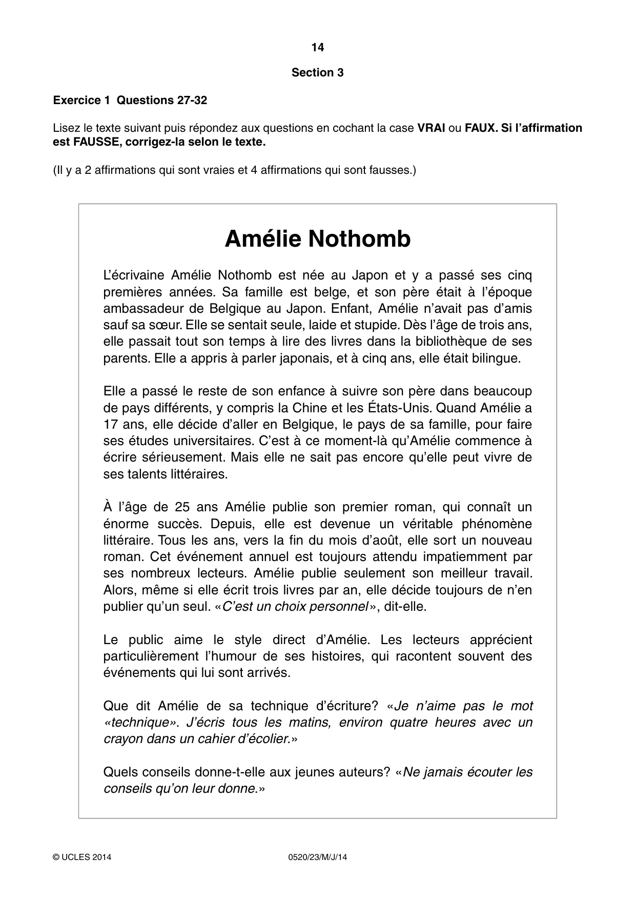 Cambridge IGCSE French - Foreign Language 0520 2014 May/June Paper 2 · Variant 3 question paper, page 14 of 20