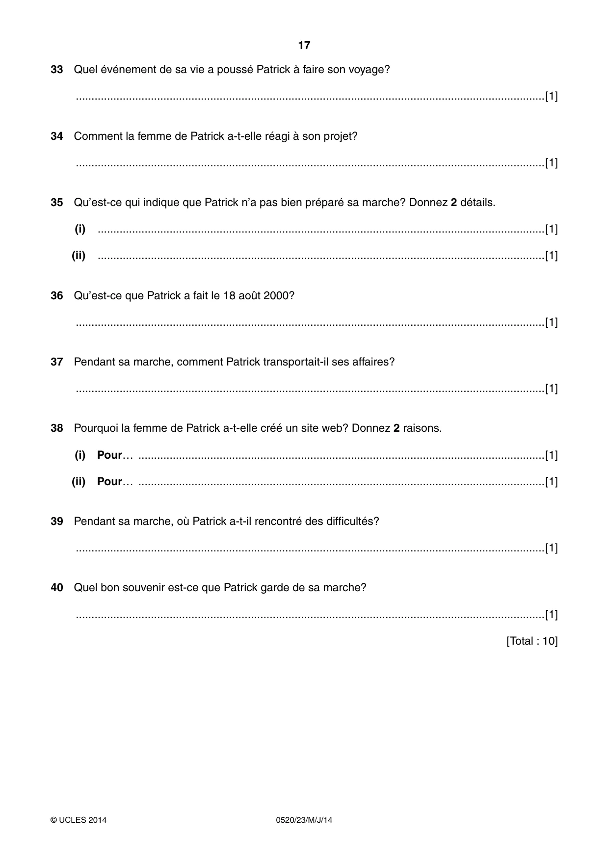 Cambridge IGCSE French - Foreign Language 0520 2014 May/June Paper 2 · Variant 3 question paper, page 17 of 20