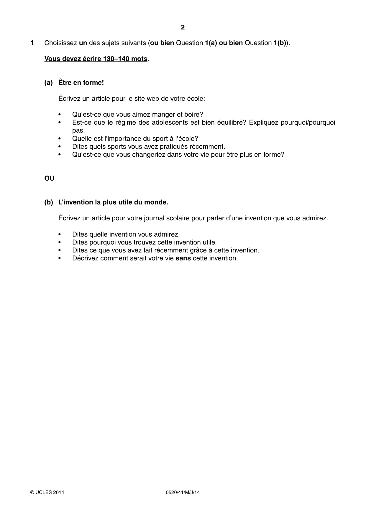 Cambridge IGCSE French - Foreign Language 0520 2014 May/June Paper 4 · Variant 1 question paper, page 2 of 4