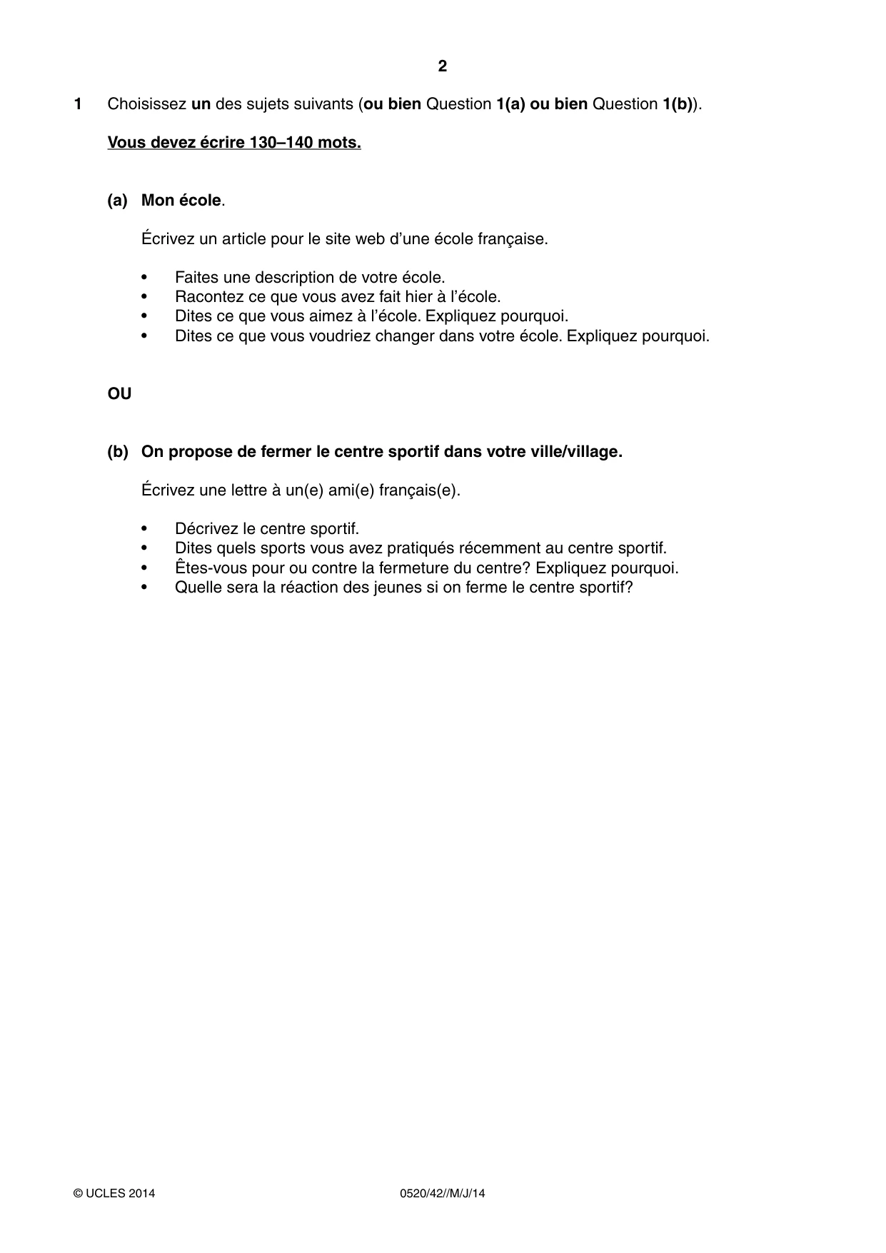 Cambridge IGCSE French - Foreign Language 0520 2014 May/June Paper 4 · Variant 2 question paper, page 2 of 4