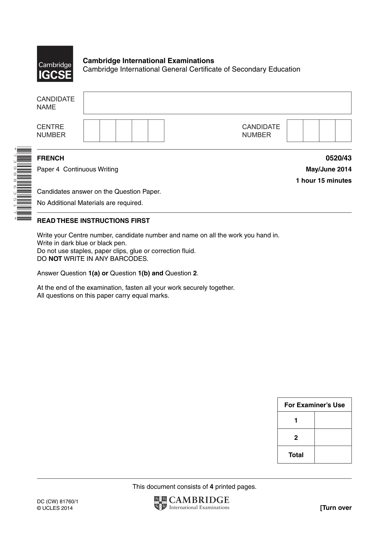 Cambridge IGCSE French - Foreign Language 0520 2014 May/June Paper 4 · Variant 3 question paper, page 1 of 4