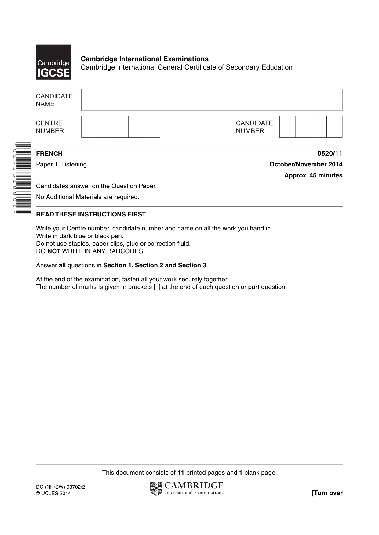 Cambridge IGCSE French - Foreign Language 0520 2014 Oct/Nov Paper 1 · Variant 1 question paper, page 1 of 12