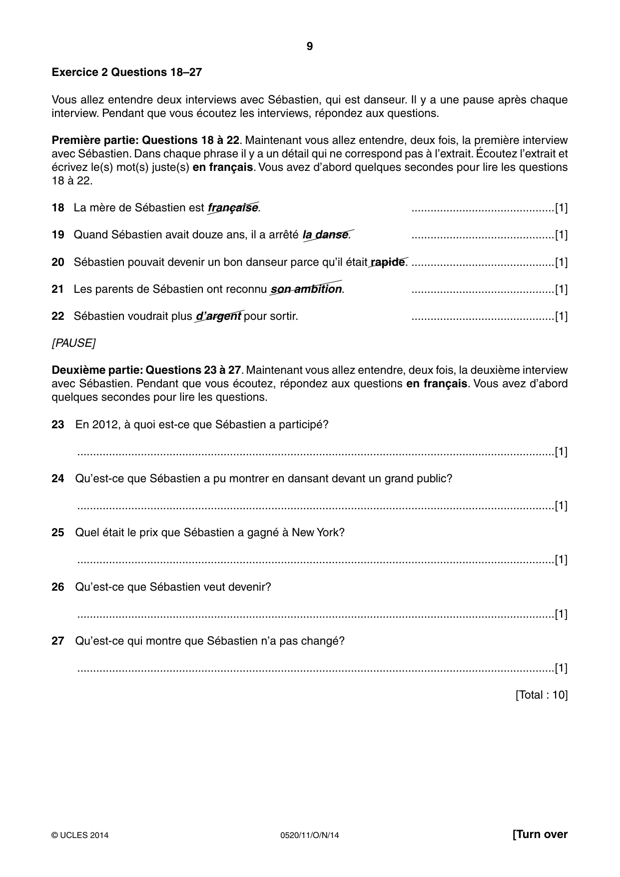 Cambridge IGCSE French - Foreign Language 0520 2014 Oct/Nov Paper 1 · Variant 1 question paper, page 9 of 12