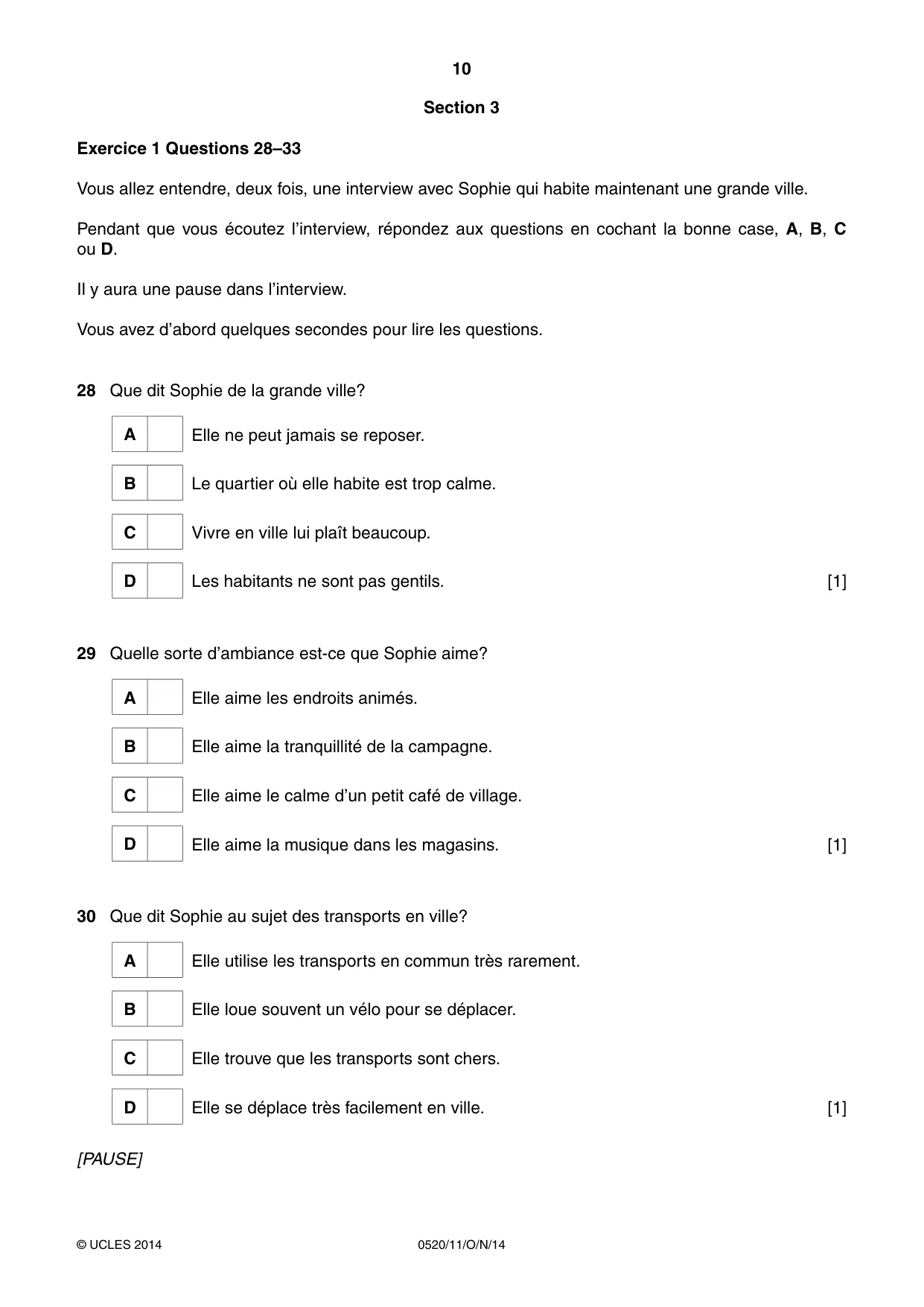 Cambridge IGCSE French - Foreign Language 0520 2014 Oct/Nov Paper 1 · Variant 1 question paper, page 10 of 12