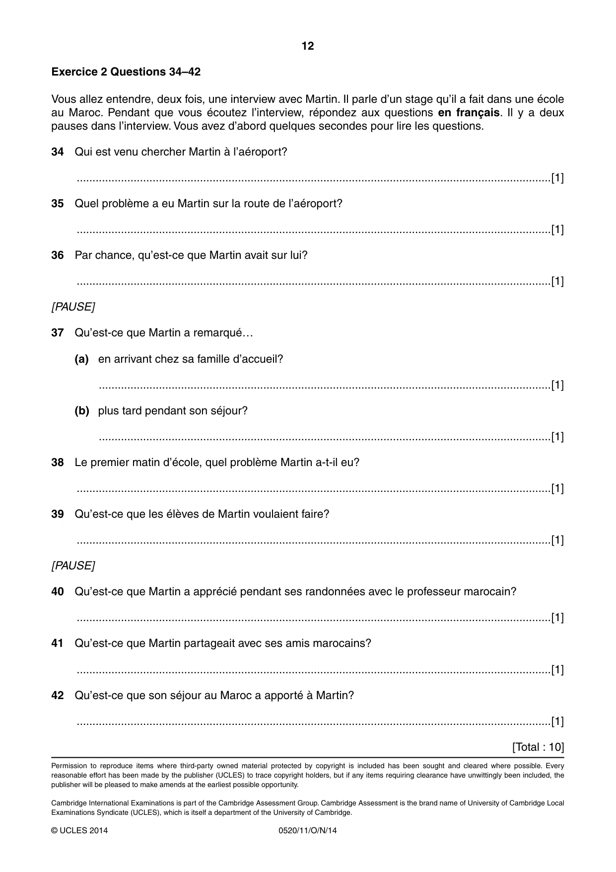 Cambridge IGCSE French - Foreign Language 0520 2014 Oct/Nov Paper 1 · Variant 1 question paper, page 12 of 12