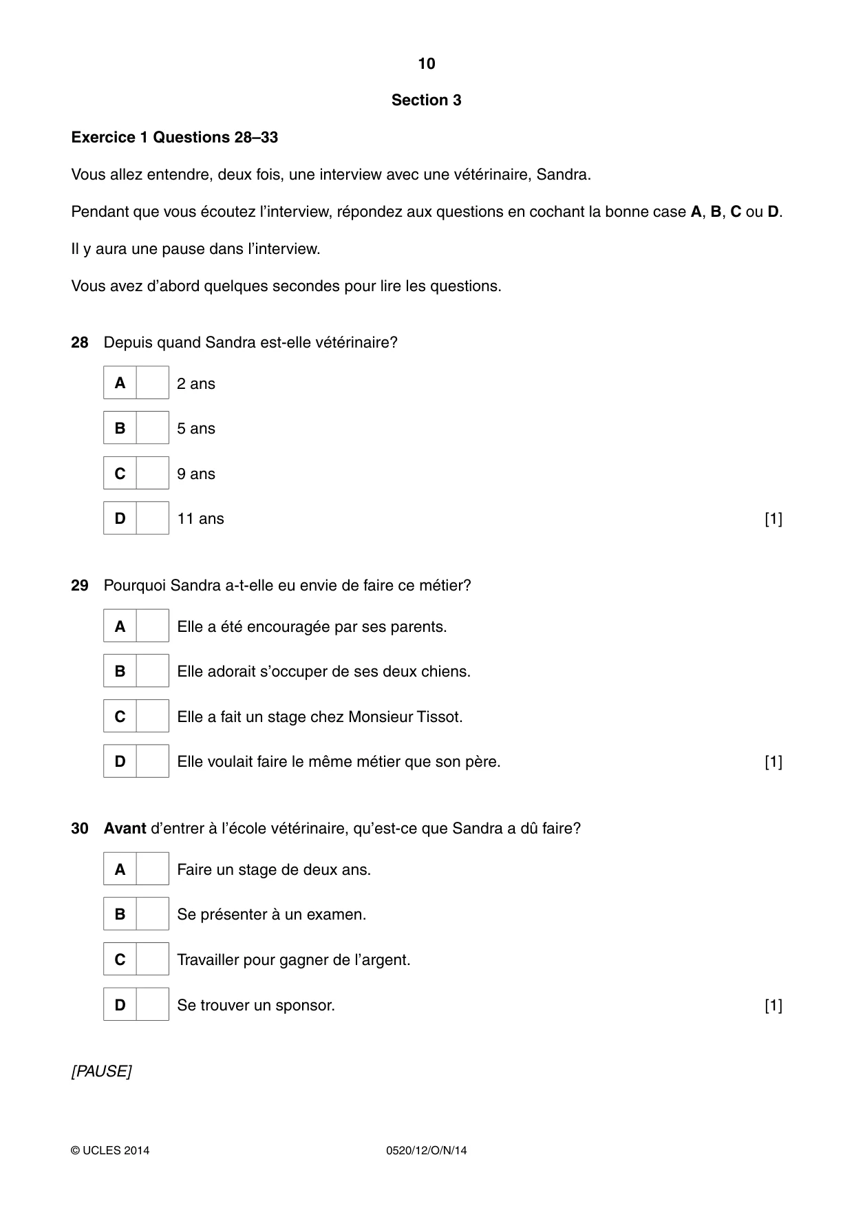 Cambridge IGCSE French - Foreign Language 0520 2014 Oct/Nov Paper 1 · Variant 2 question paper, page 10 of 12
