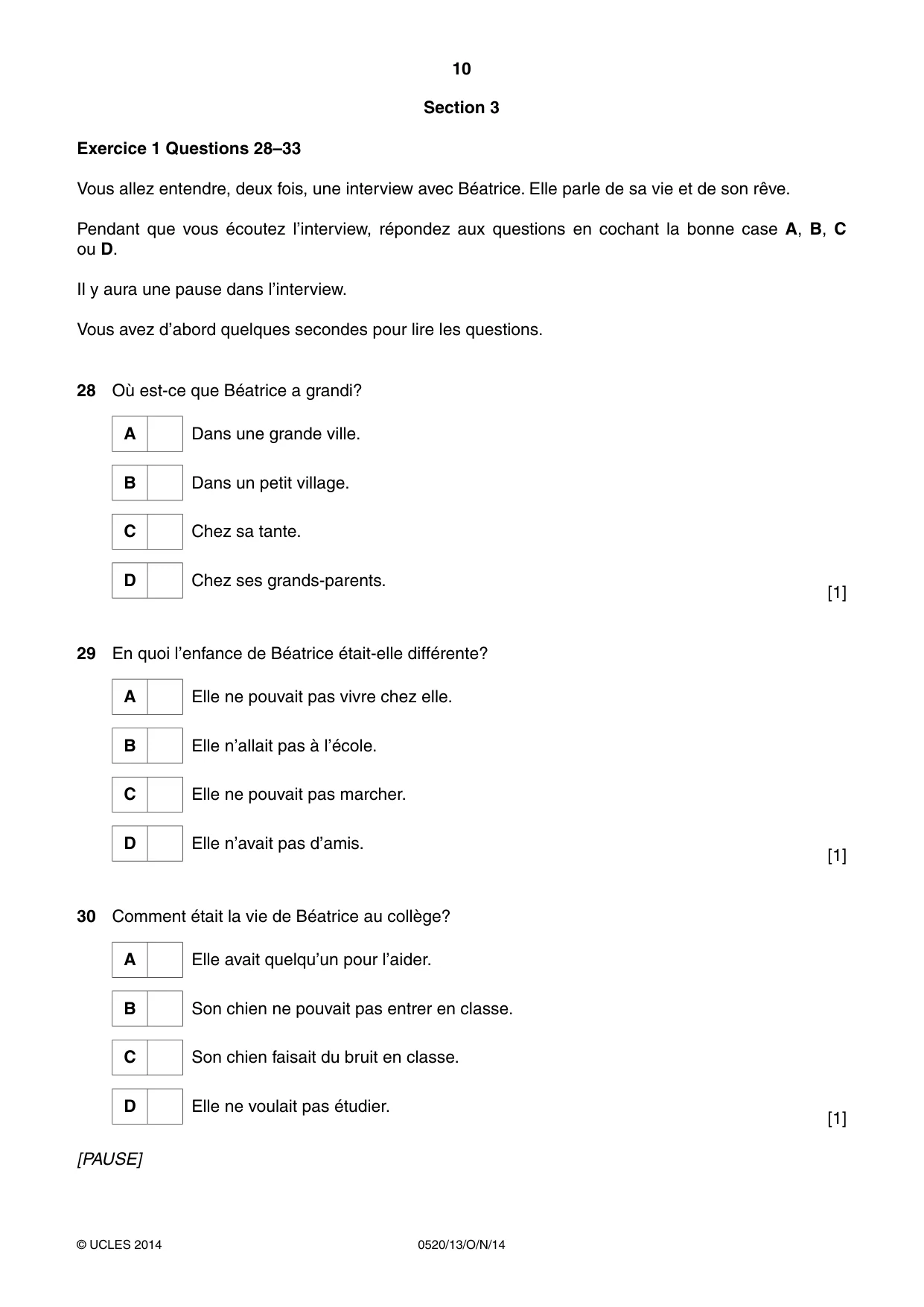 Cambridge IGCSE French - Foreign Language 0520 2014 Oct/Nov Paper 1 · Variant 3 question paper, page 10 of 12