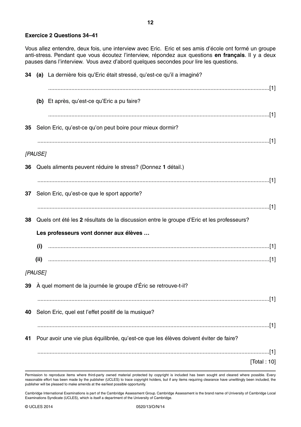 Cambridge IGCSE French - Foreign Language 0520 2014 Oct/Nov Paper 1 · Variant 3 question paper, page 12 of 12