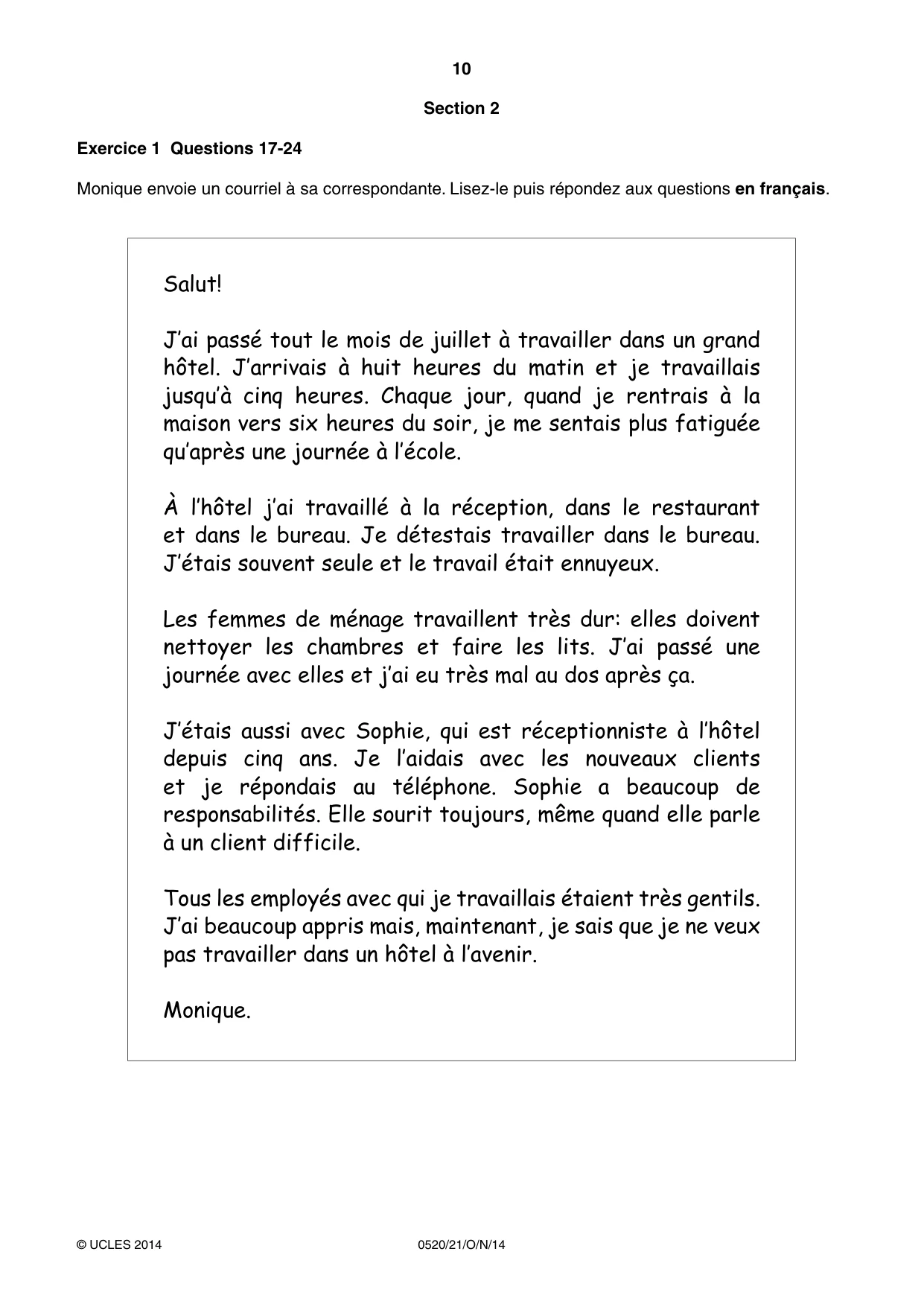 Cambridge IGCSE French - Foreign Language 0520 2014 Oct/Nov Paper 2 · Variant 1 question paper, page 10 of 20